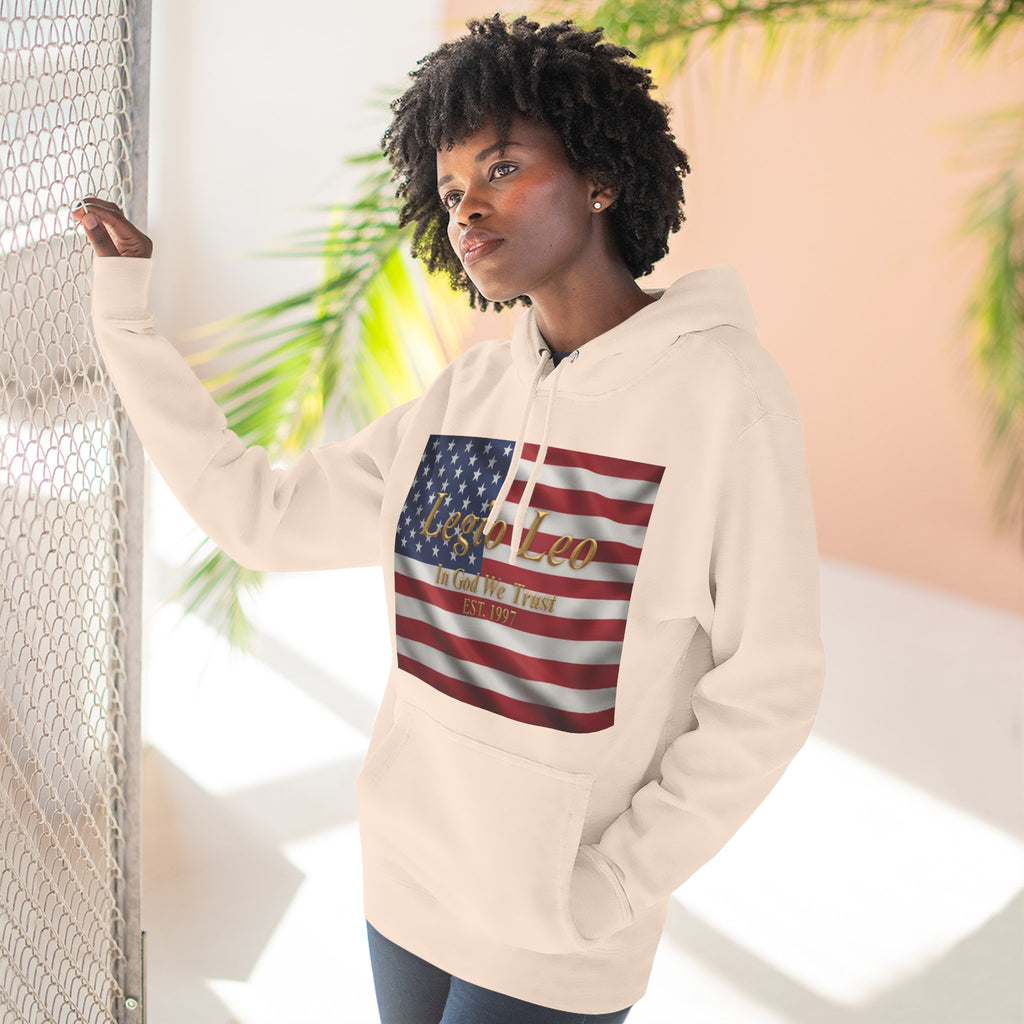 Legio Leo American Flag Fleece Hoodie – Minimal Gold Script Pullover