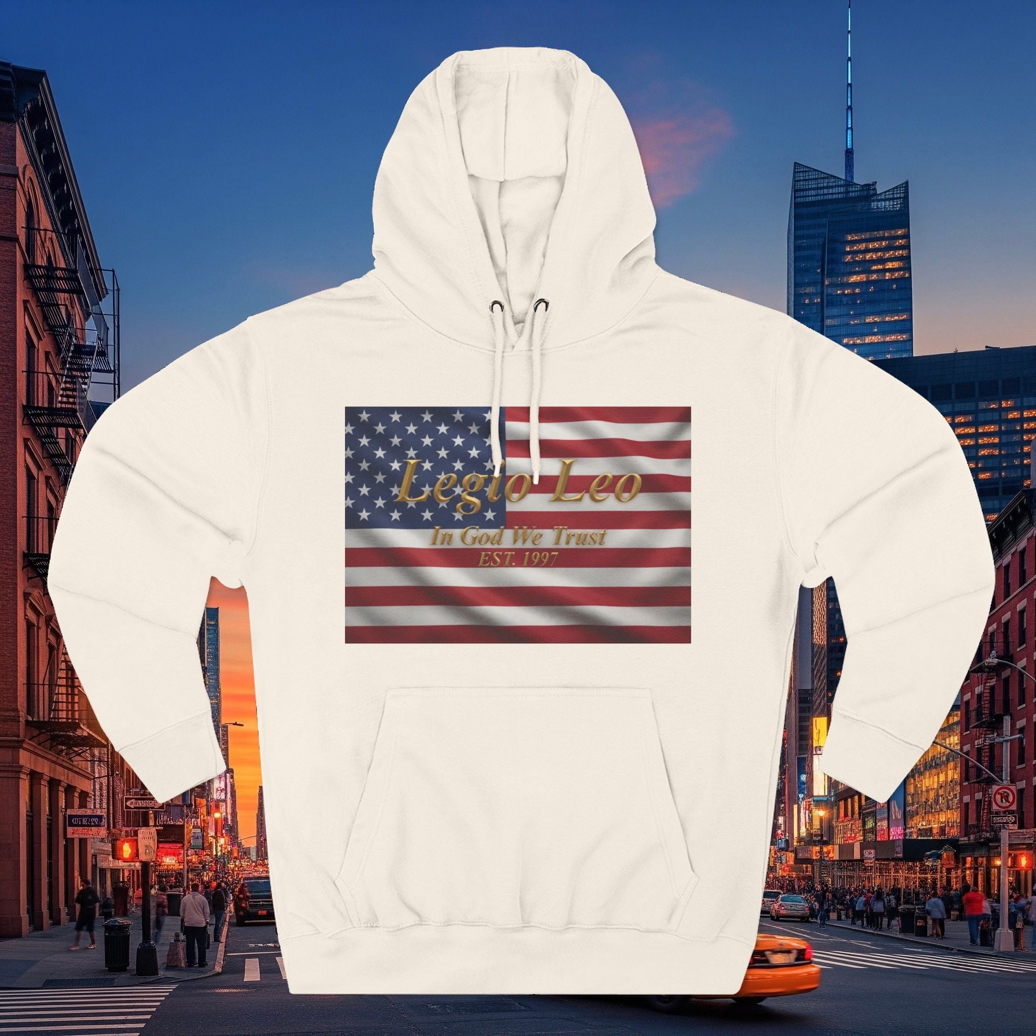 Legio Leo American Flag Fleece Hoodie – Minimal Gold Script Pullover