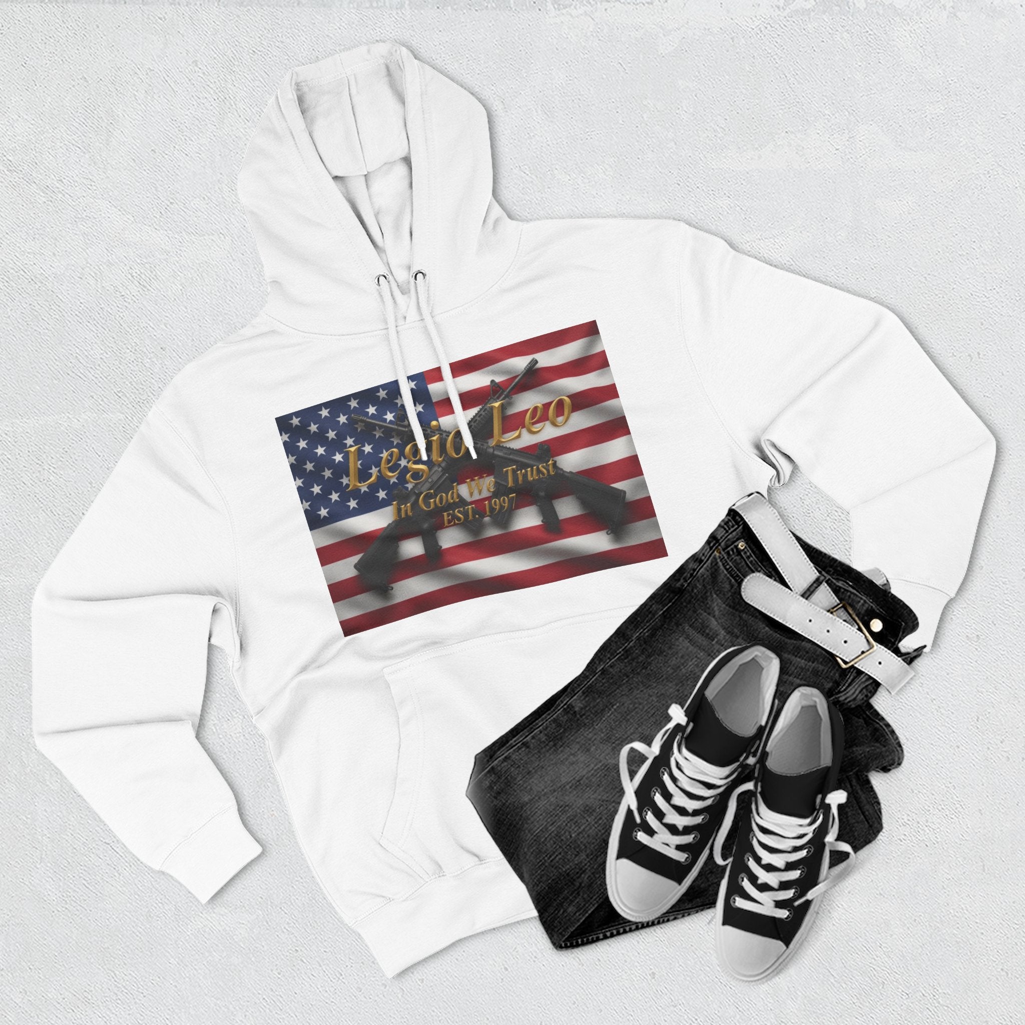 Legio Leo American Flag Fleece Hoodie – Minimal Gold Script Pullover Warrior Design