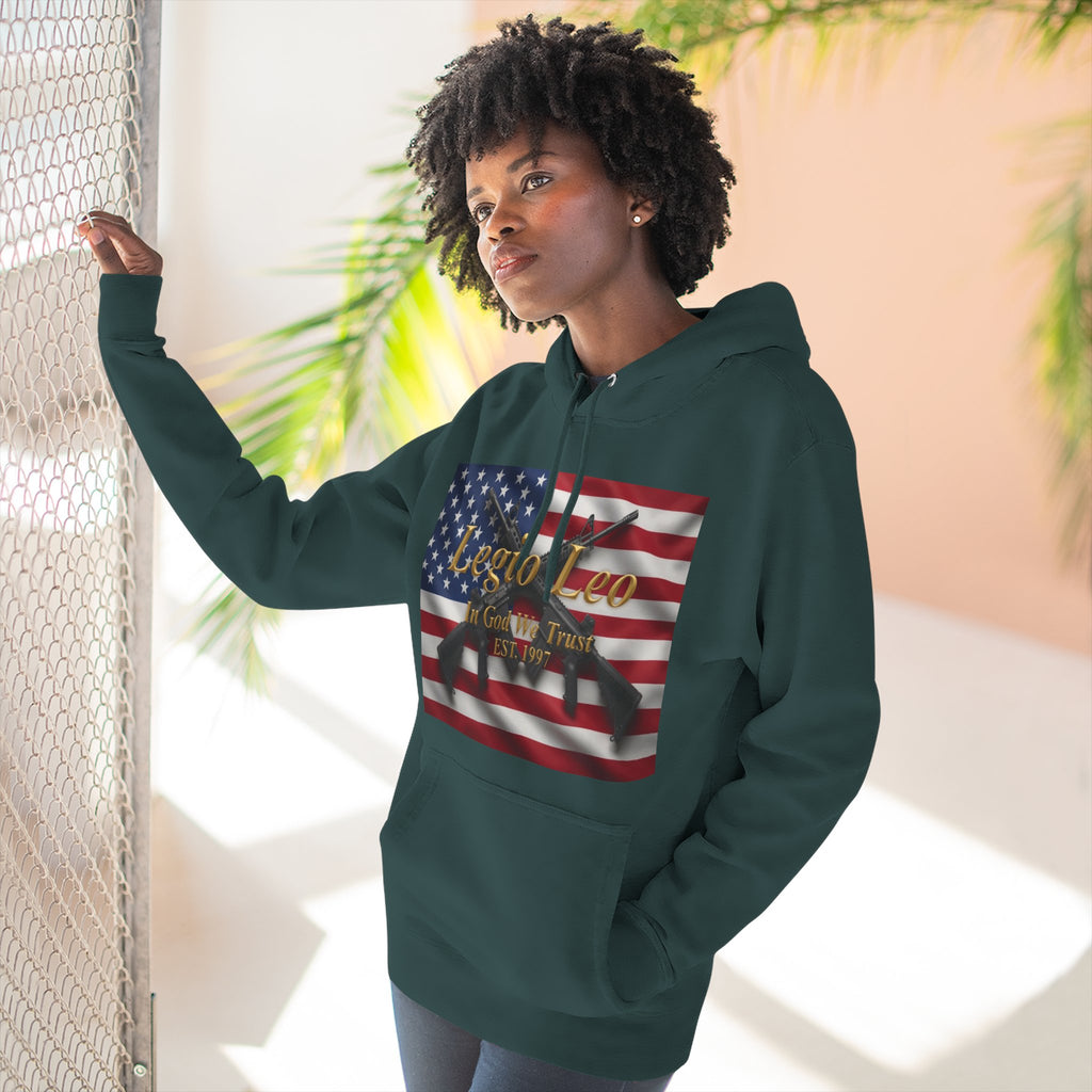 Legio Leo American Flag Fleece Hoodie – Minimal Gold Script Pullover Warrior Design