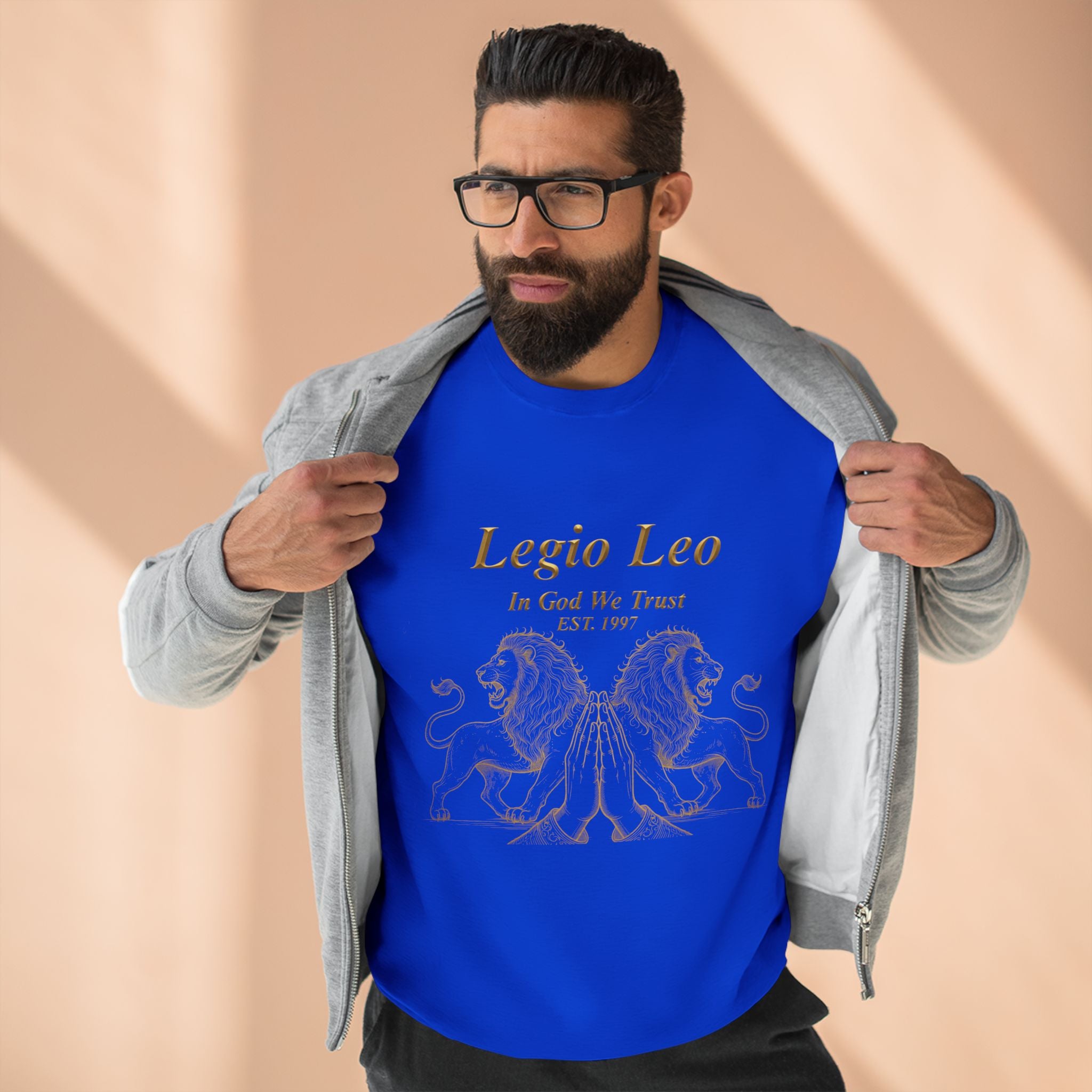 Legio Leo Crewneck Sweatshirt — Classic Latin Crest “In God We Trust” Graphic