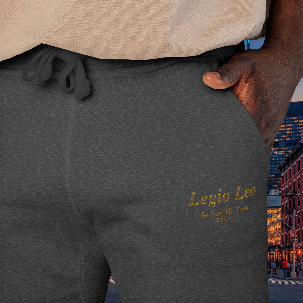 Legio Leo Sweatpants — In God We Trust Embroidery Design Cozy Fleece Joggers