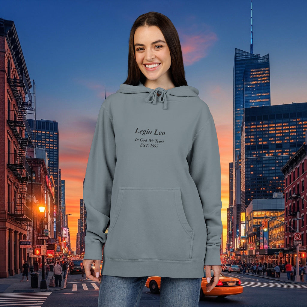 Minimal Olive Pigment-Dyed Hoodie — Subtle Script "Legio Leo" Design