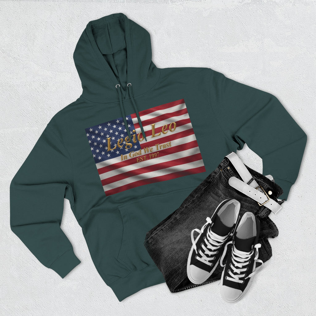 Legio Leo American Flag Fleece Hoodie – Minimal Gold Script Pullover