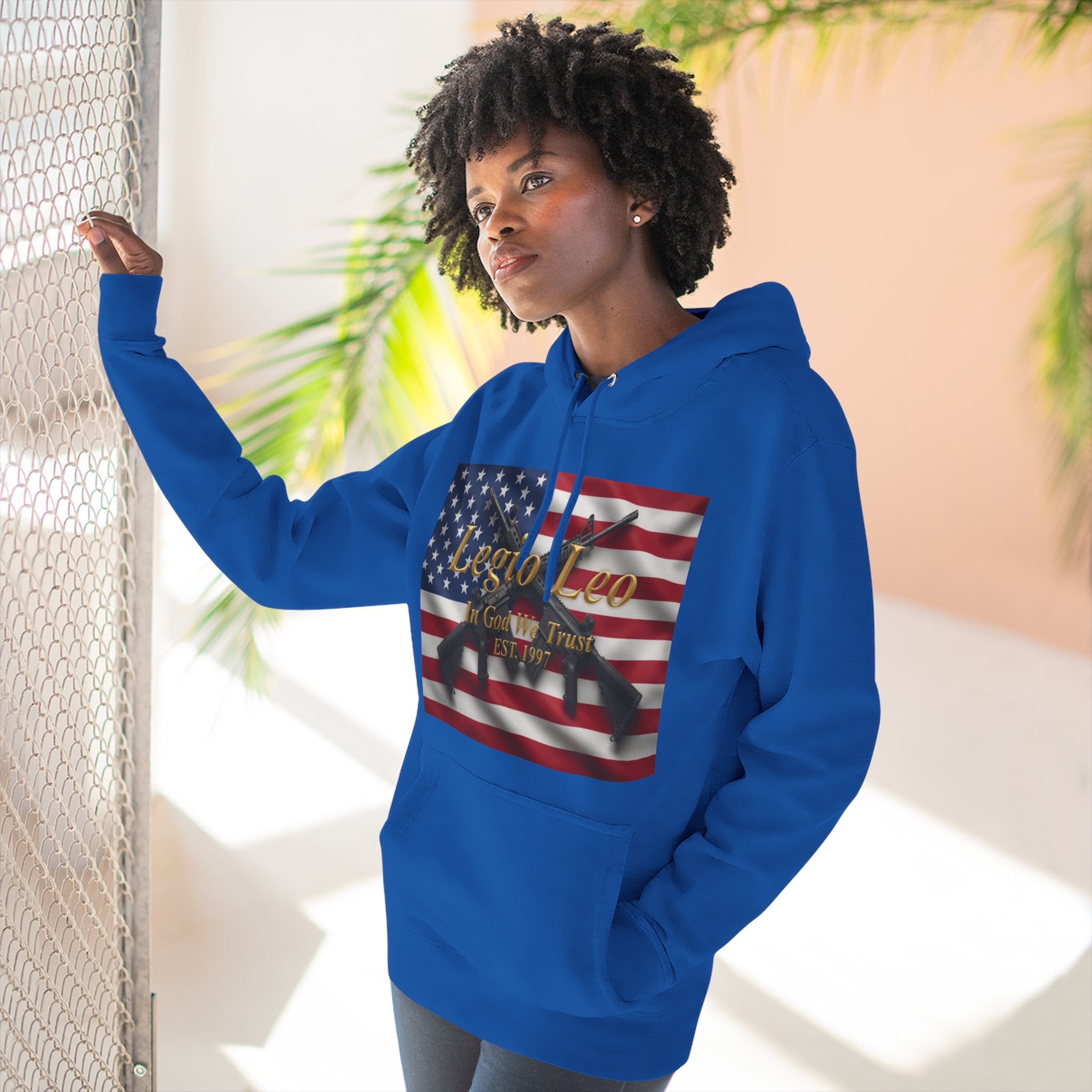 Legio Leo American Flag Fleece Hoodie – Minimal Gold Script Pullover Warrior Design