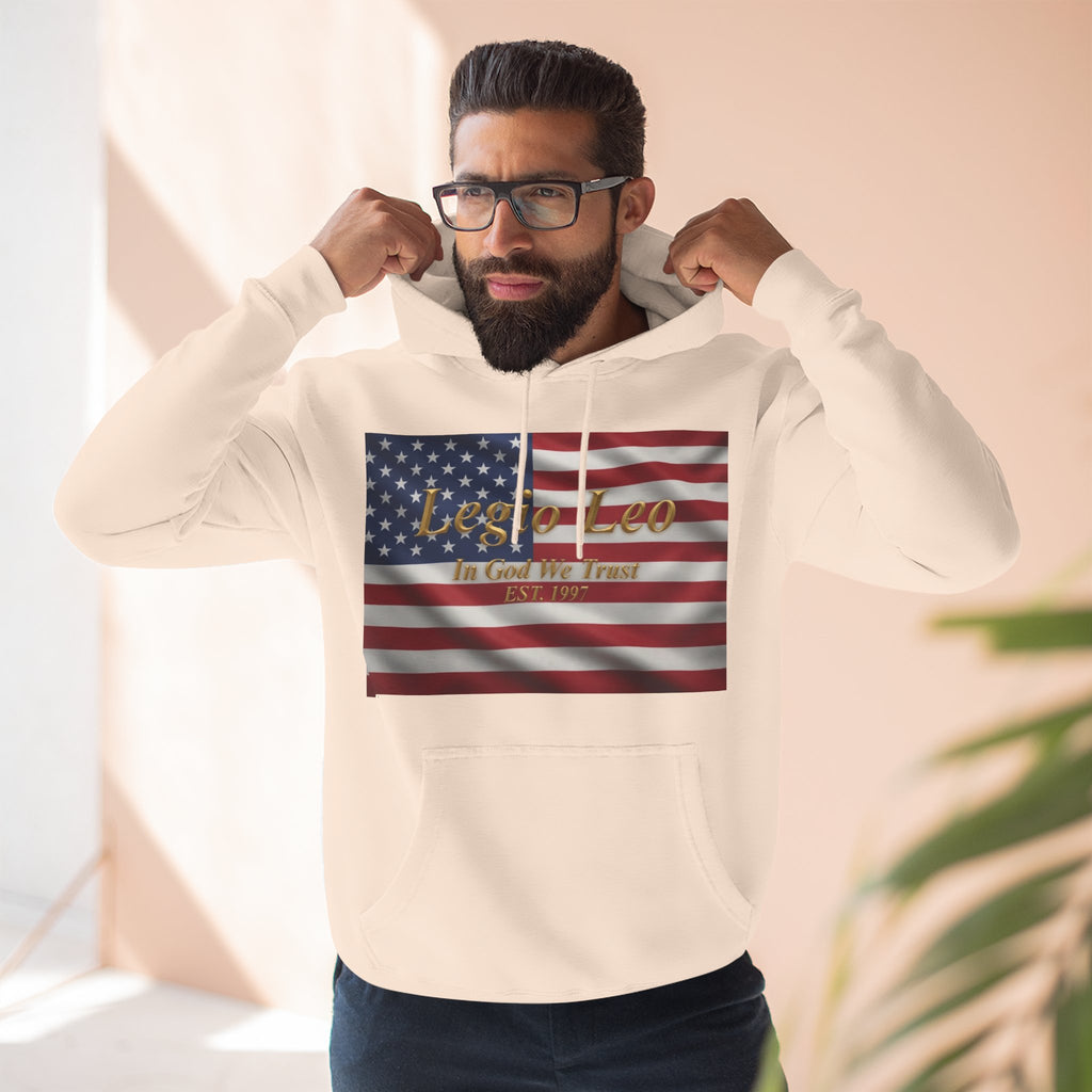 Legio Leo American Flag Fleece Hoodie – Minimal Gold Script Pullover