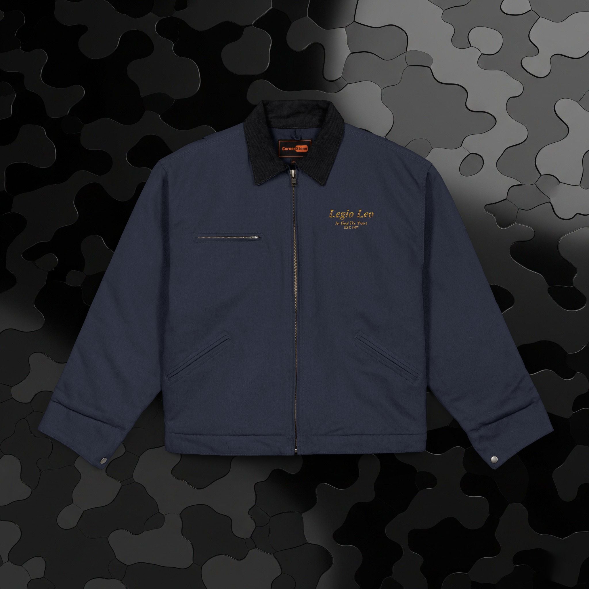 Legio Leo Duck Cloth Work Jacket — Durable Black Canvas Utility Coat | In God We Trust Embroidery