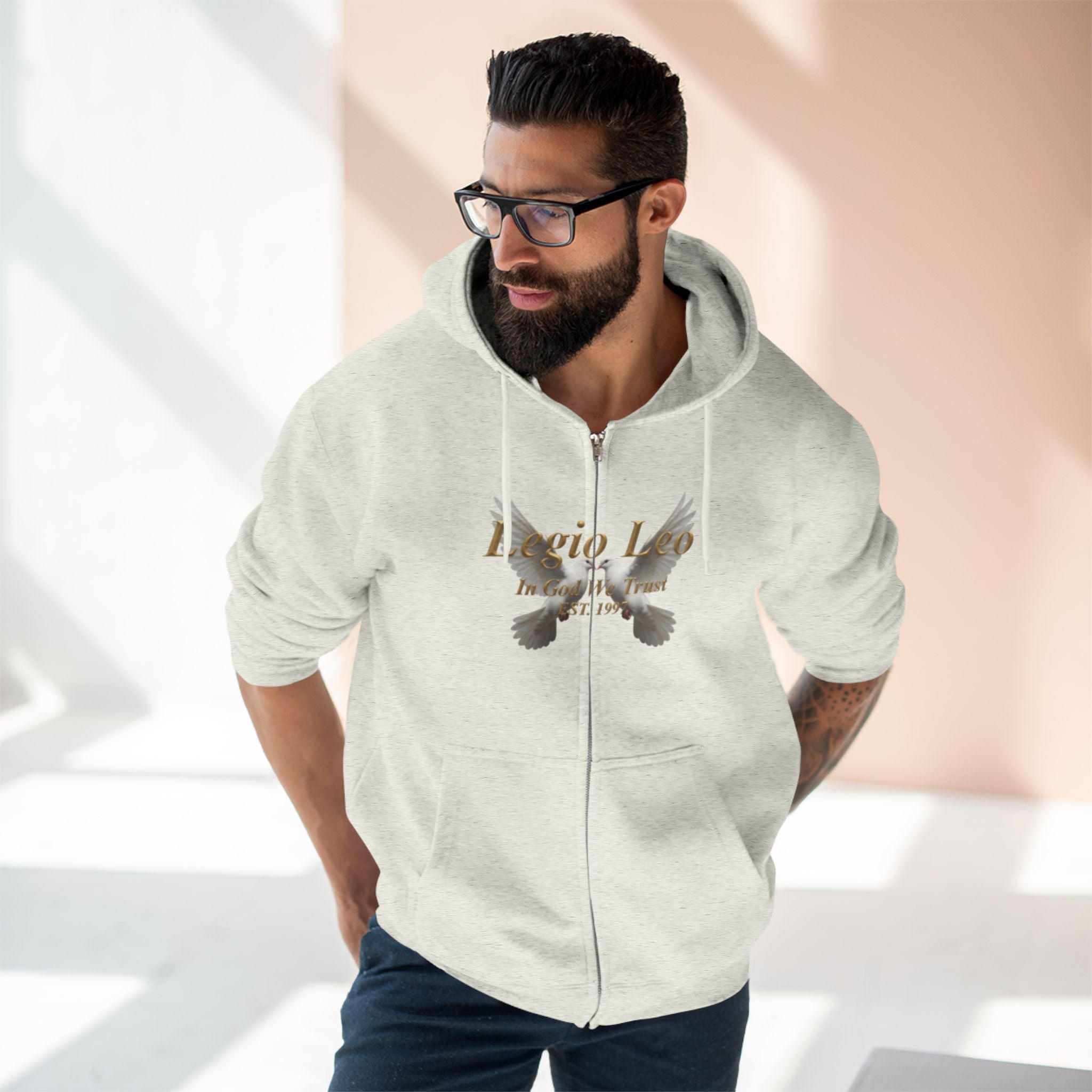 Leo Zodiac Zip Hoodie — 'Legio Leo— In God We Trust' Script with White Doves Design