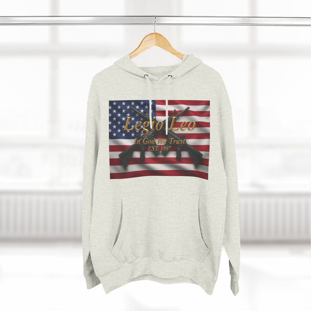 Legio Leo American Flag Fleece Hoodie – Minimal Gold Script Pullover Warrior Design
