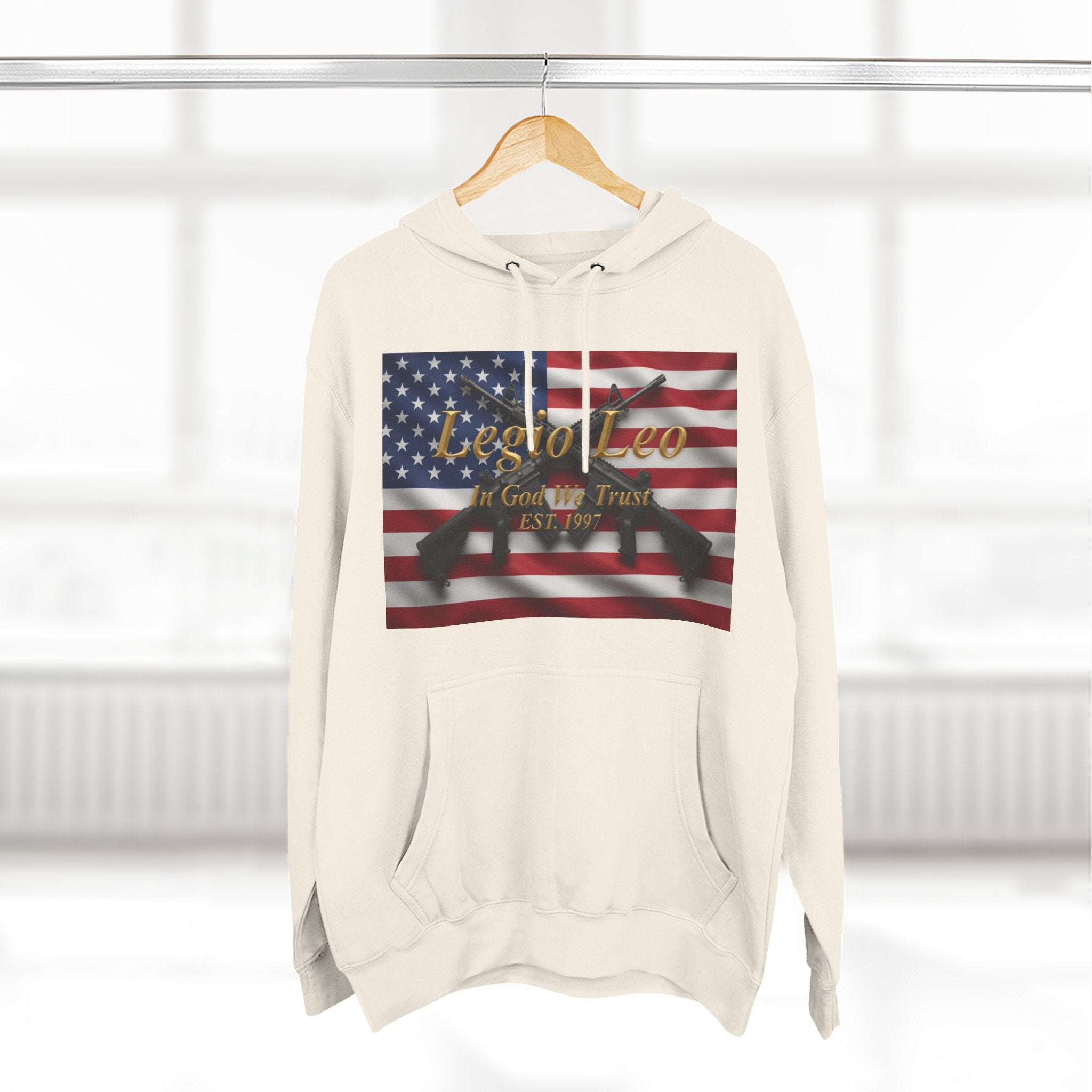 Legio Leo American Flag Fleece Hoodie – Minimal Gold Script Pullover Warrior Design
