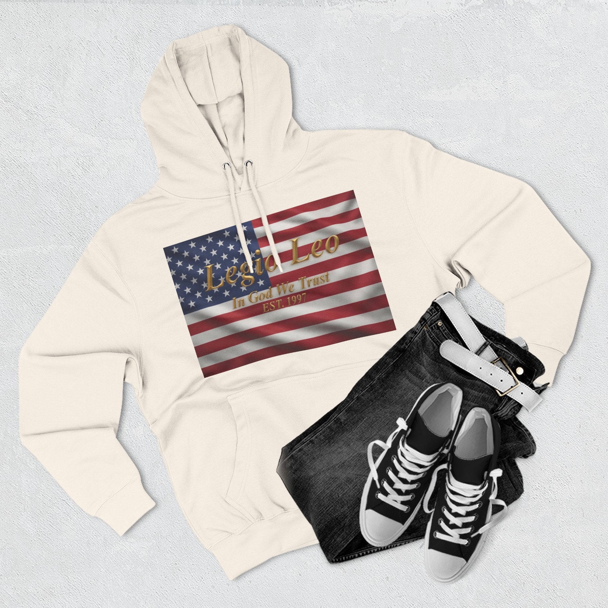 Legio Leo American Flag Fleece Hoodie – Minimal Gold Script Pullover