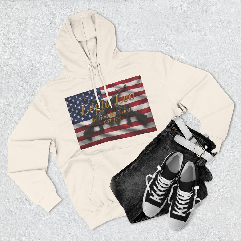 Legio Leo American Flag Fleece Hoodie – Minimal Gold Script Pullover Warrior Design