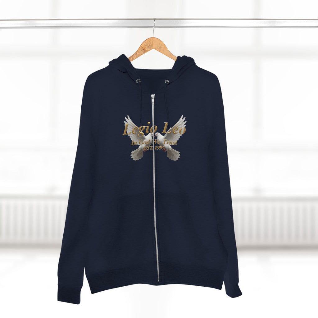 Leo Zodiac Zip Hoodie — 'Legio Leo— In God We Trust' Script with White Doves Design