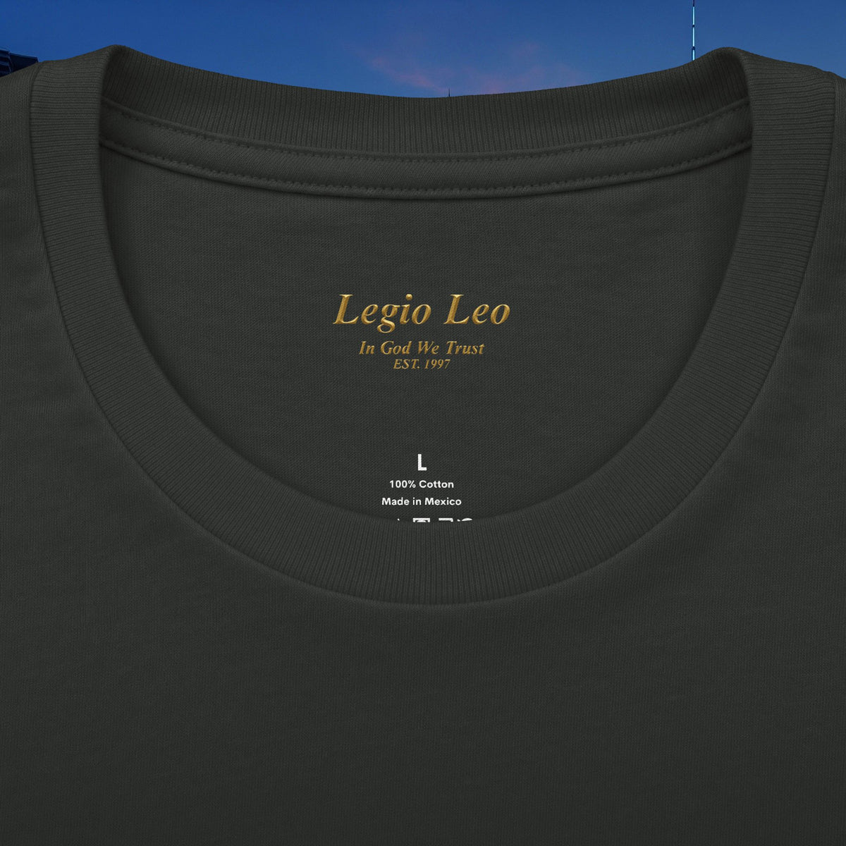 Legio Leo Vertical Logo Tee — "In God We Trust" Cotton Crew