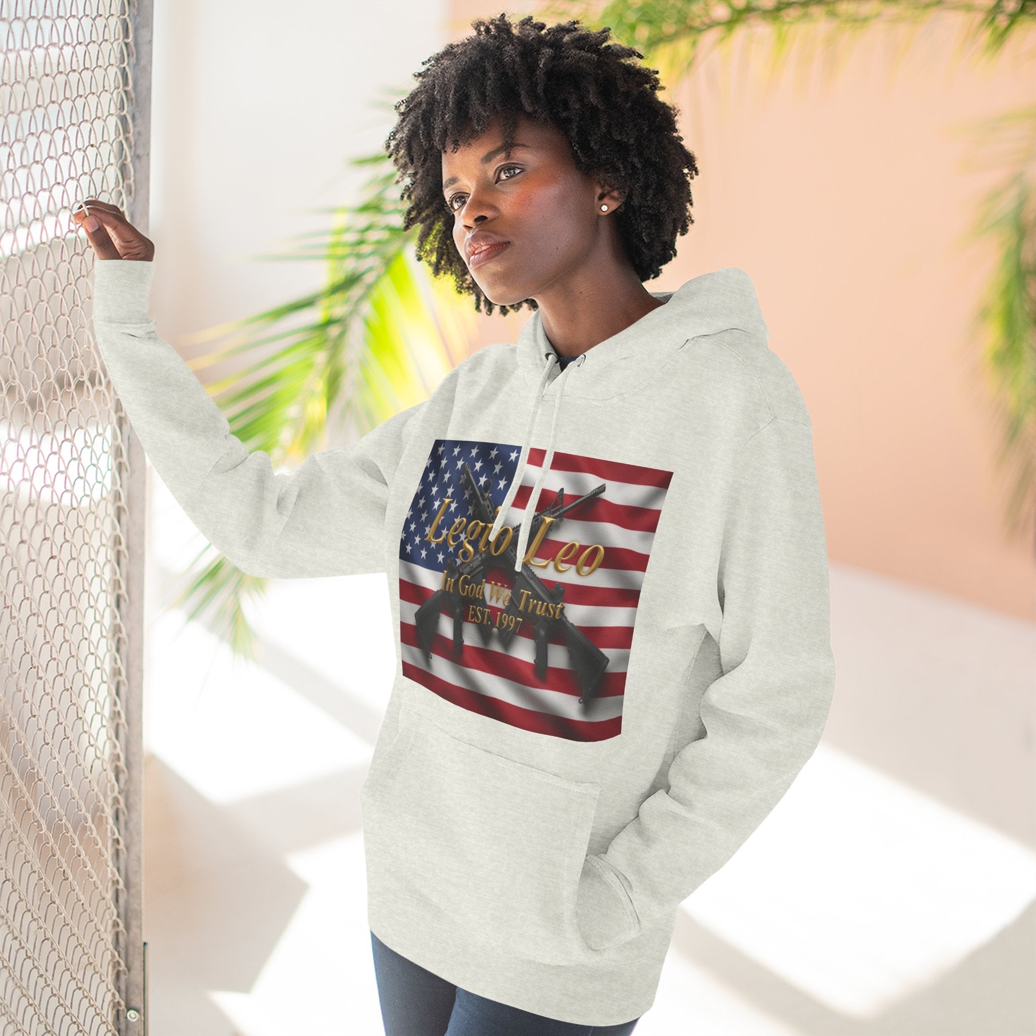 Legio Leo American Flag Fleece Hoodie – Minimal Gold Script Pullover Warrior Design