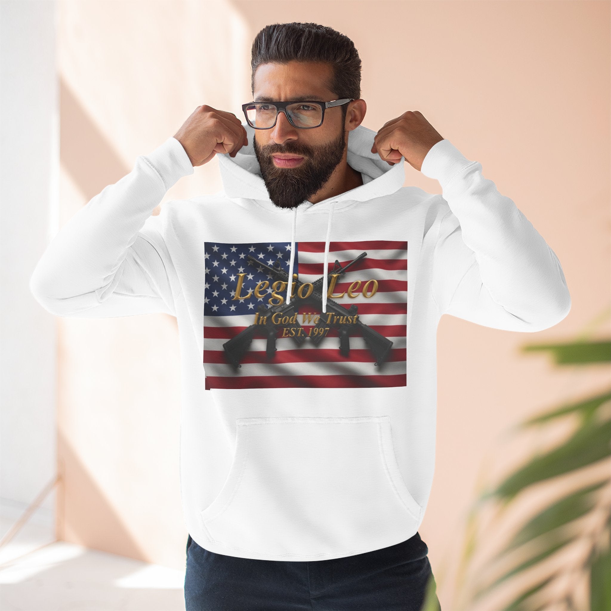 Legio Leo American Flag Fleece Hoodie – Minimal Gold Script Pullover Warrior Design