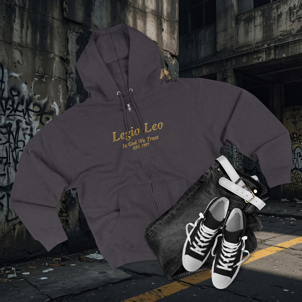 Zip Hoodie — Legio Leo Lion & Skull Graphic Zip-Up with “In God We Trust” Text