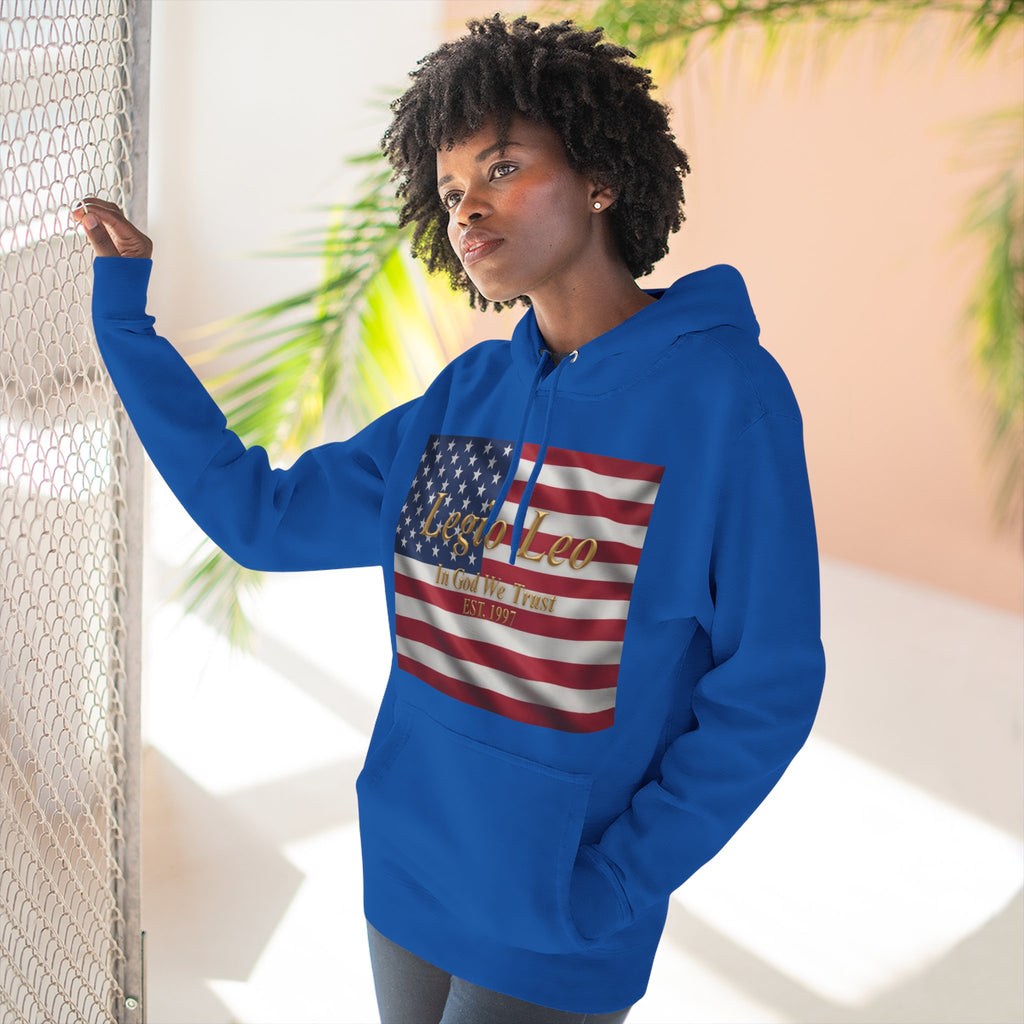 Legio Leo American Flag Fleece Hoodie – Minimal Gold Script Pullover