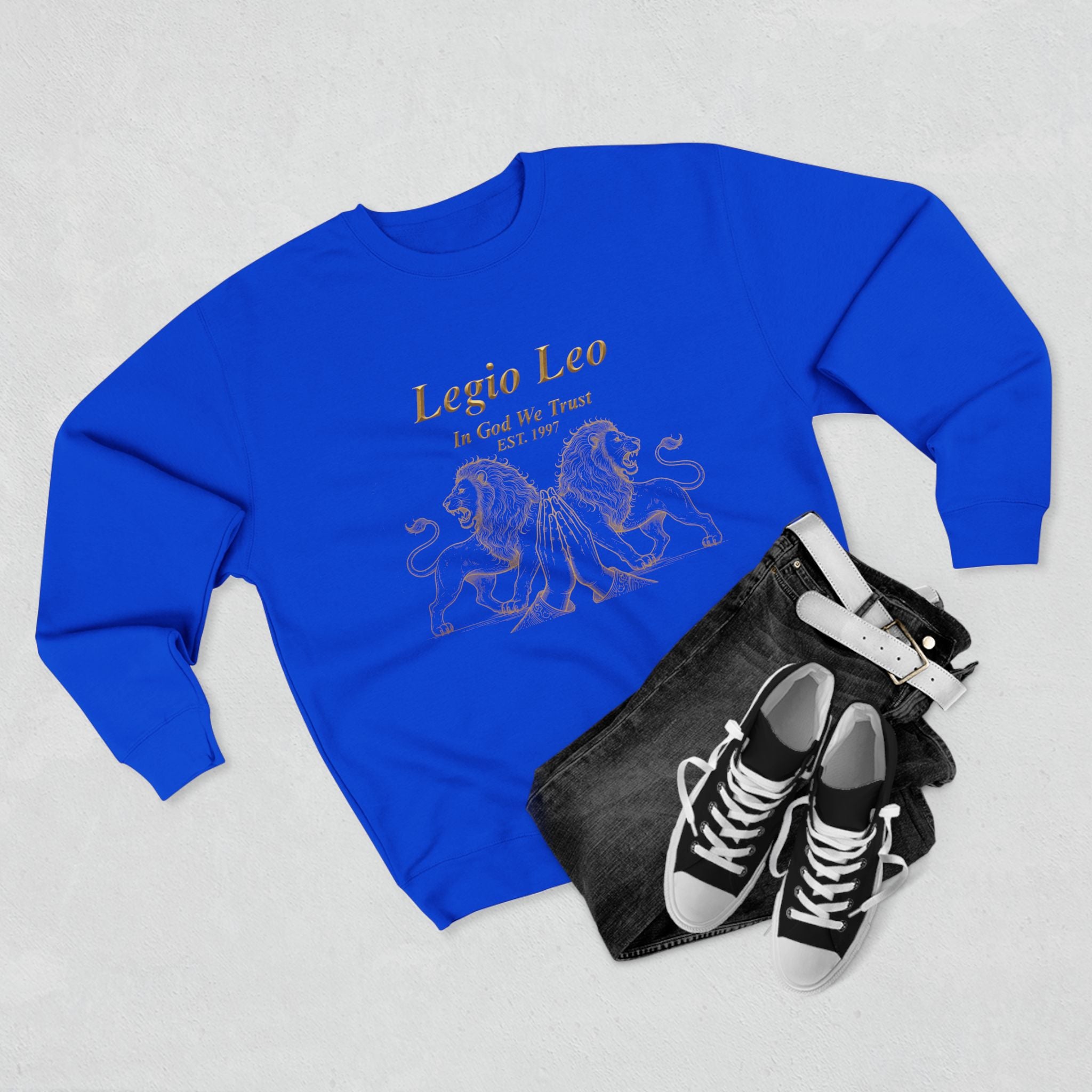 Legio Leo Crewneck Sweatshirt — Classic Latin Crest “In God We Trust” Graphic
