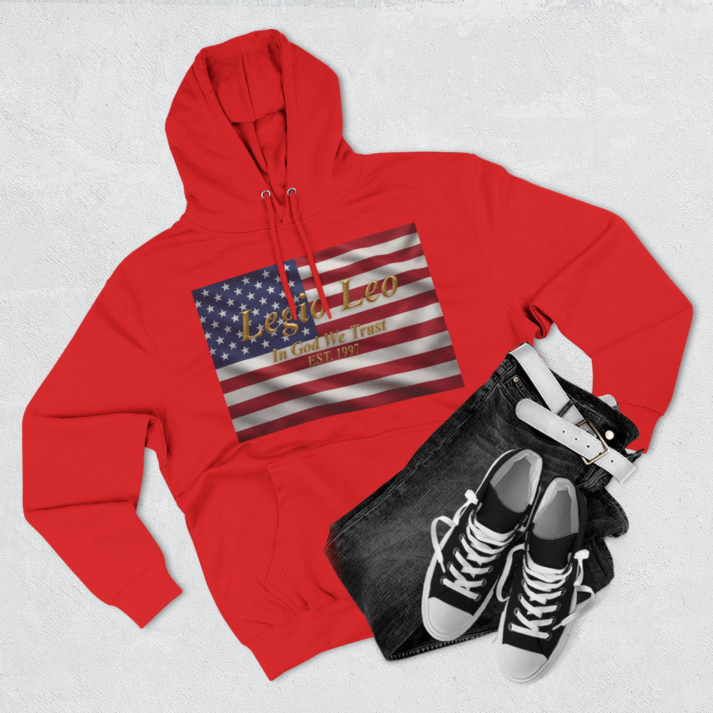 Legio Leo American Flag Fleece Hoodie – Minimal Gold Script Pullover