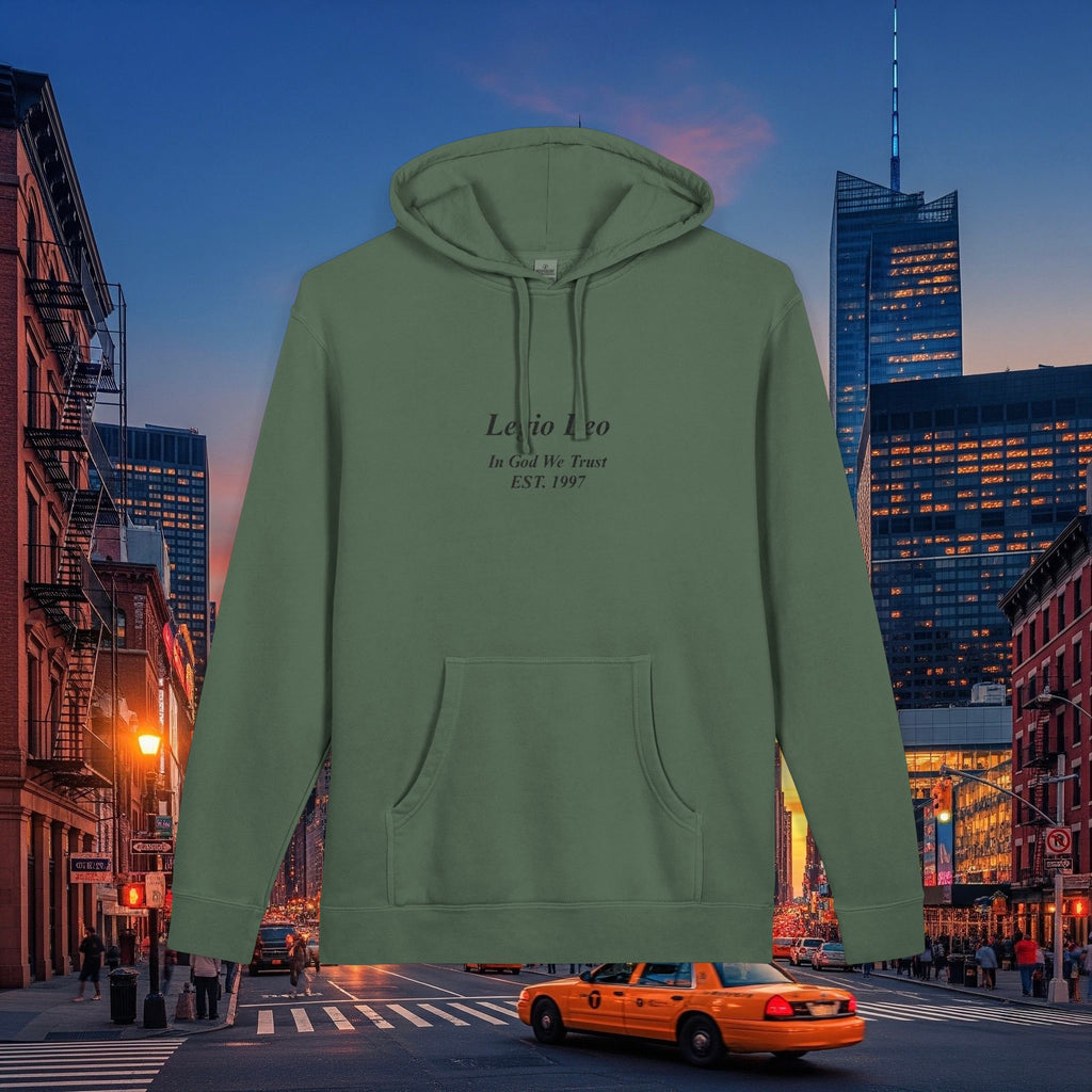 Minimal Olive Pigment-Dyed Hoodie — Subtle Script "Legio Leo" Design