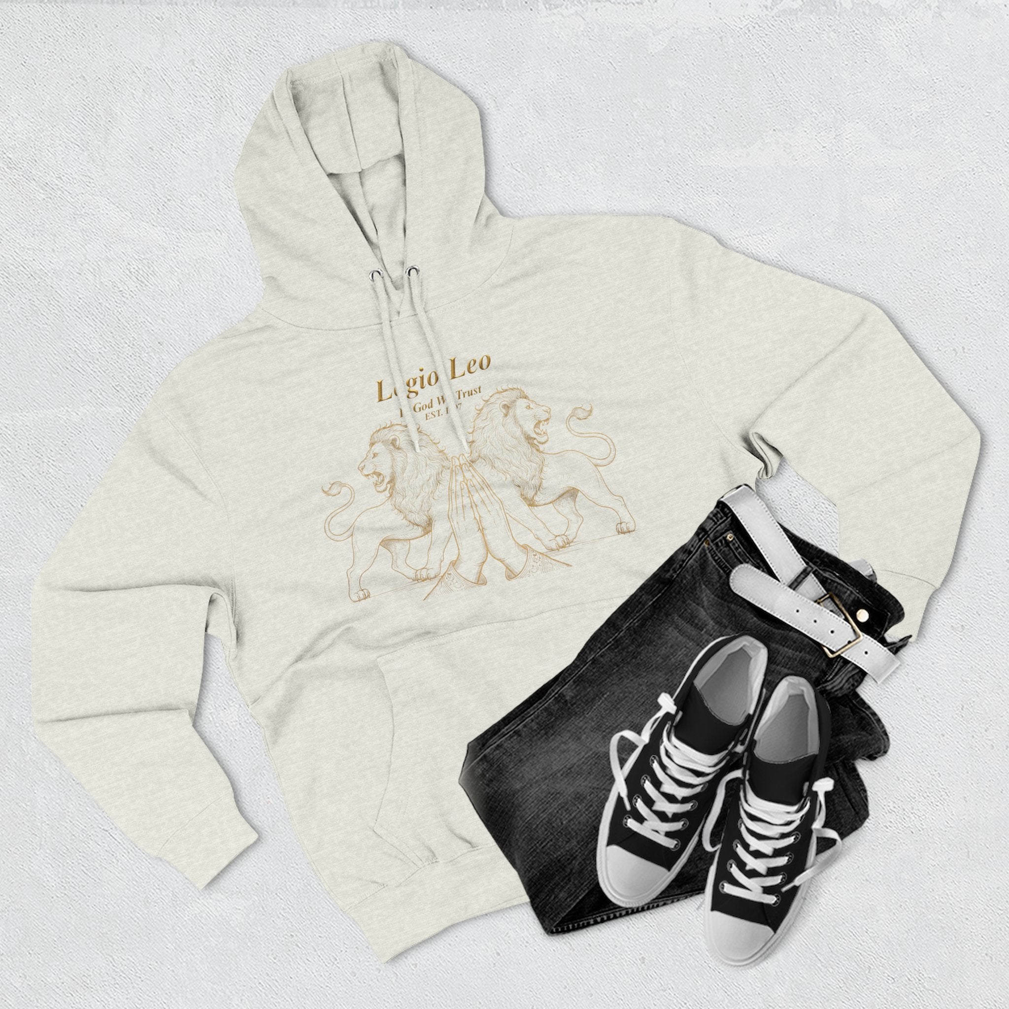 Legio Leo Fleece Hoodie – Minimal Gold Script Pullover Guardian Design