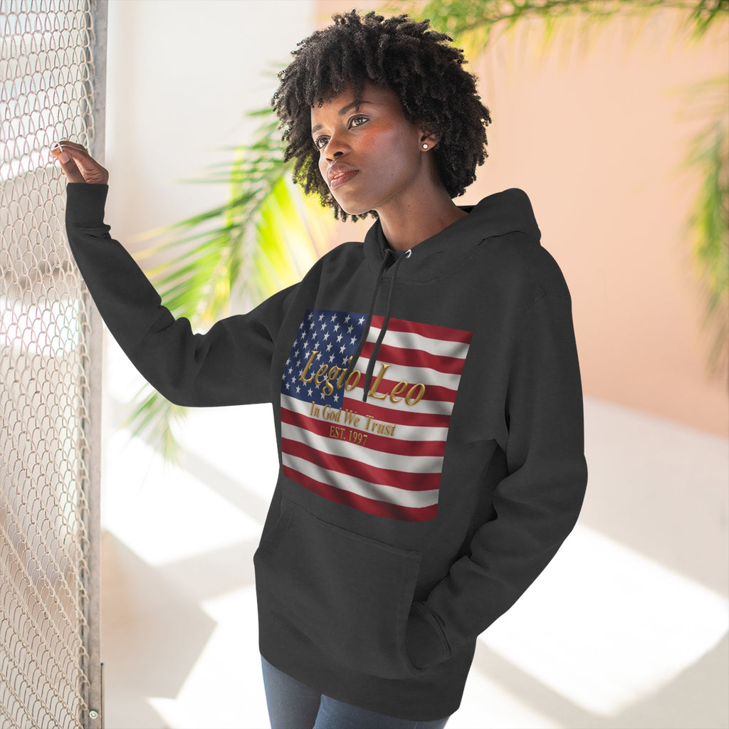 Legio Leo American Flag Fleece Hoodie – Minimal Gold Script Pullover