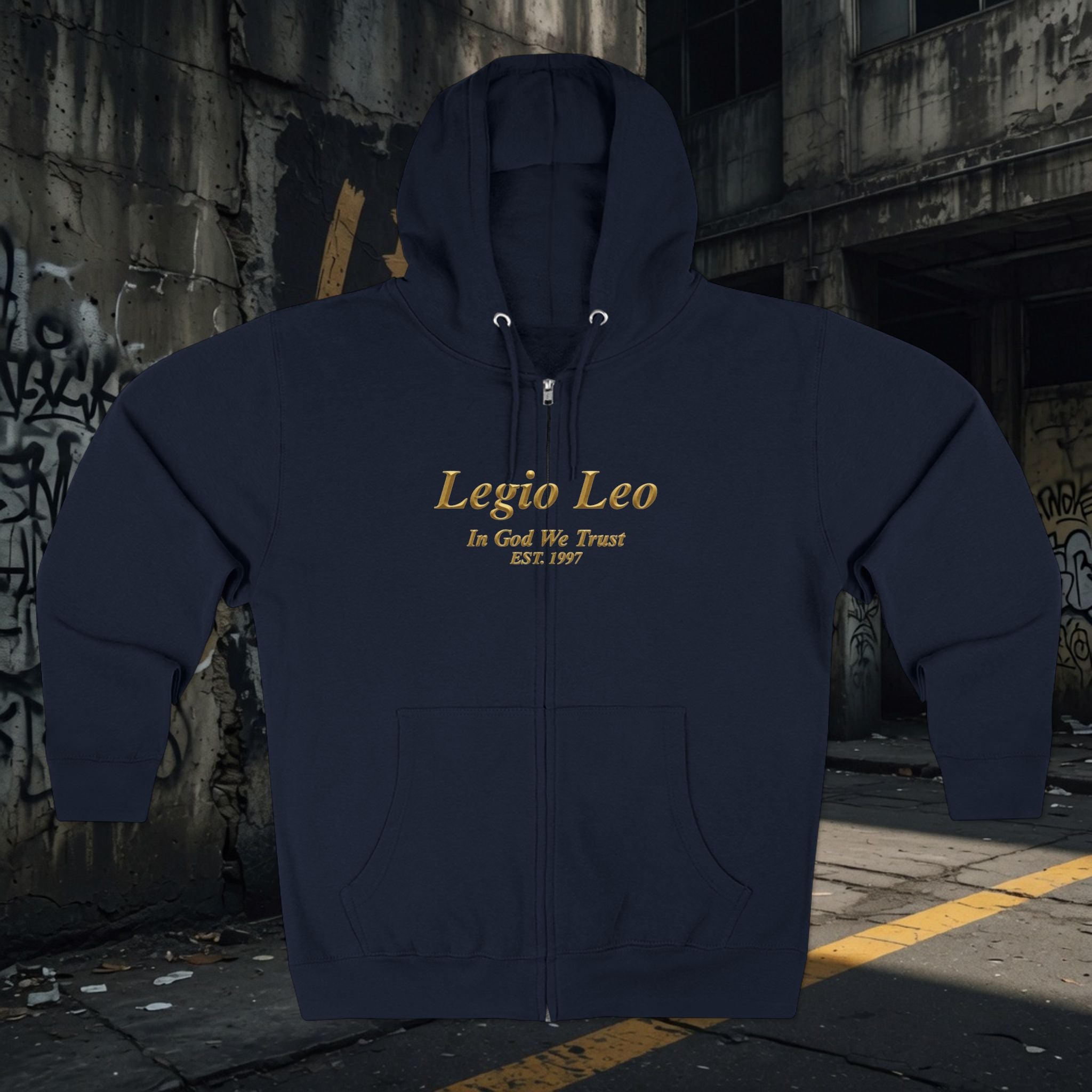 Zip Hoodie — Legio Leo Lion & Skull Graphic Zip-Up with “In God We Trust” Text