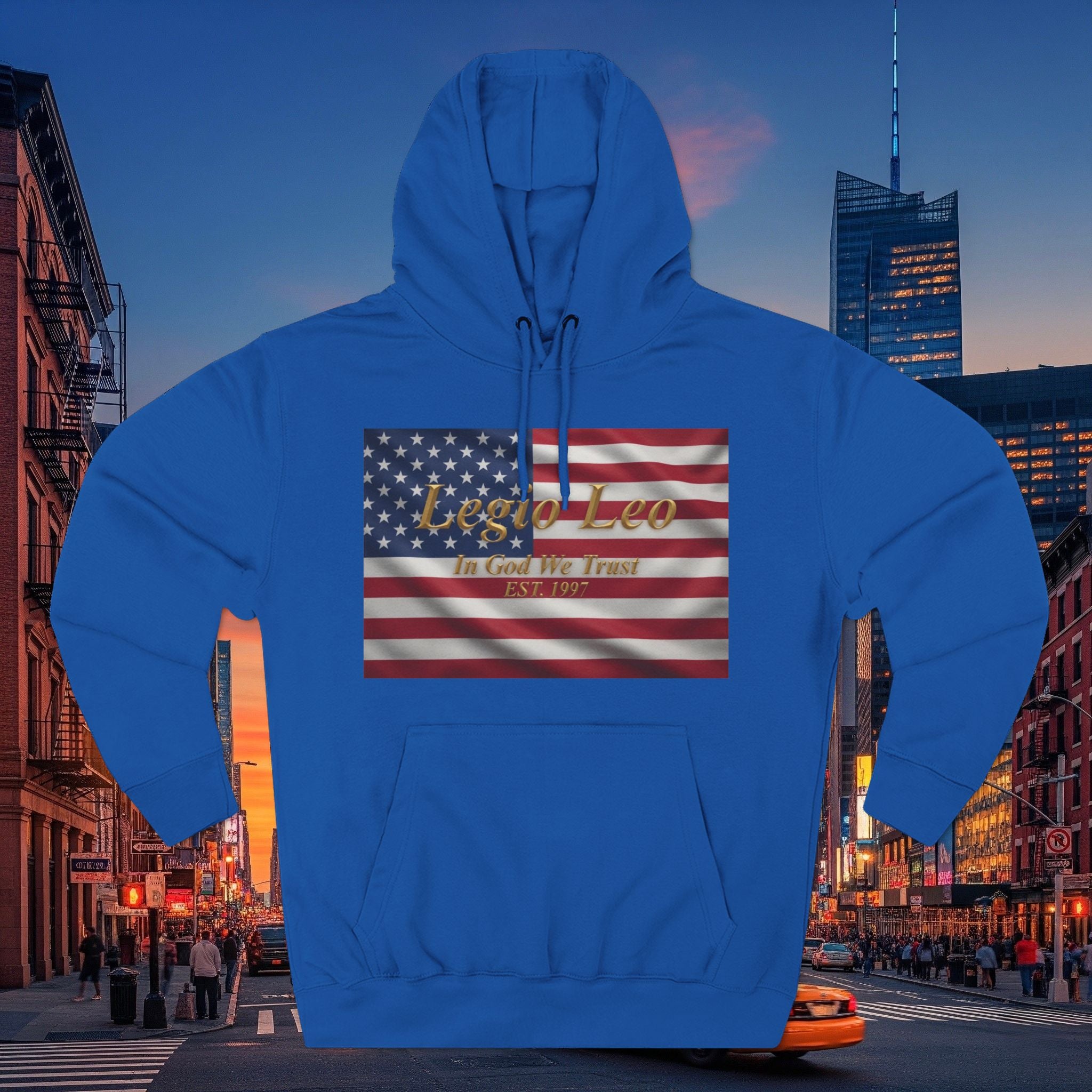 Legio Leo American Flag Fleece Hoodie – Minimal Gold Script Pullover