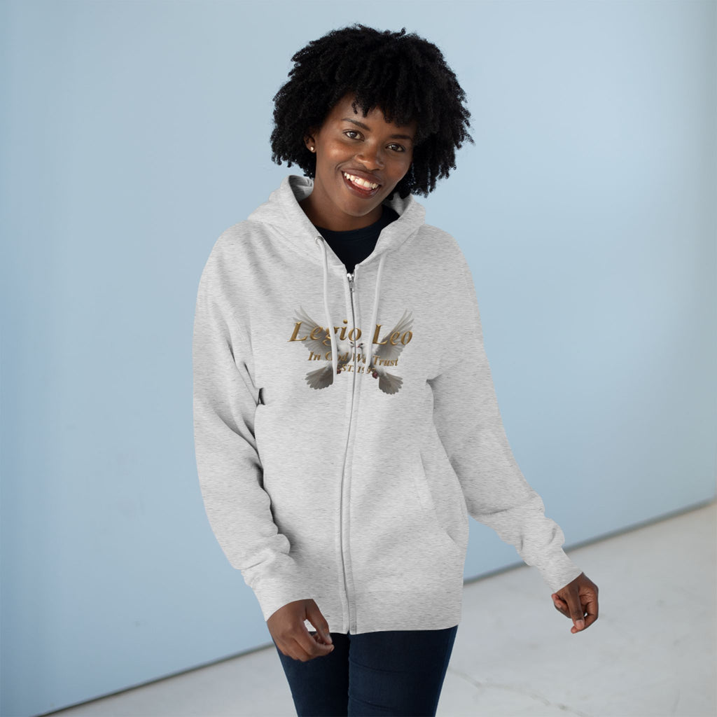 Leo Zodiac Zip Hoodie — 'Legio Leo— In God We Trust' Script with White Doves Design