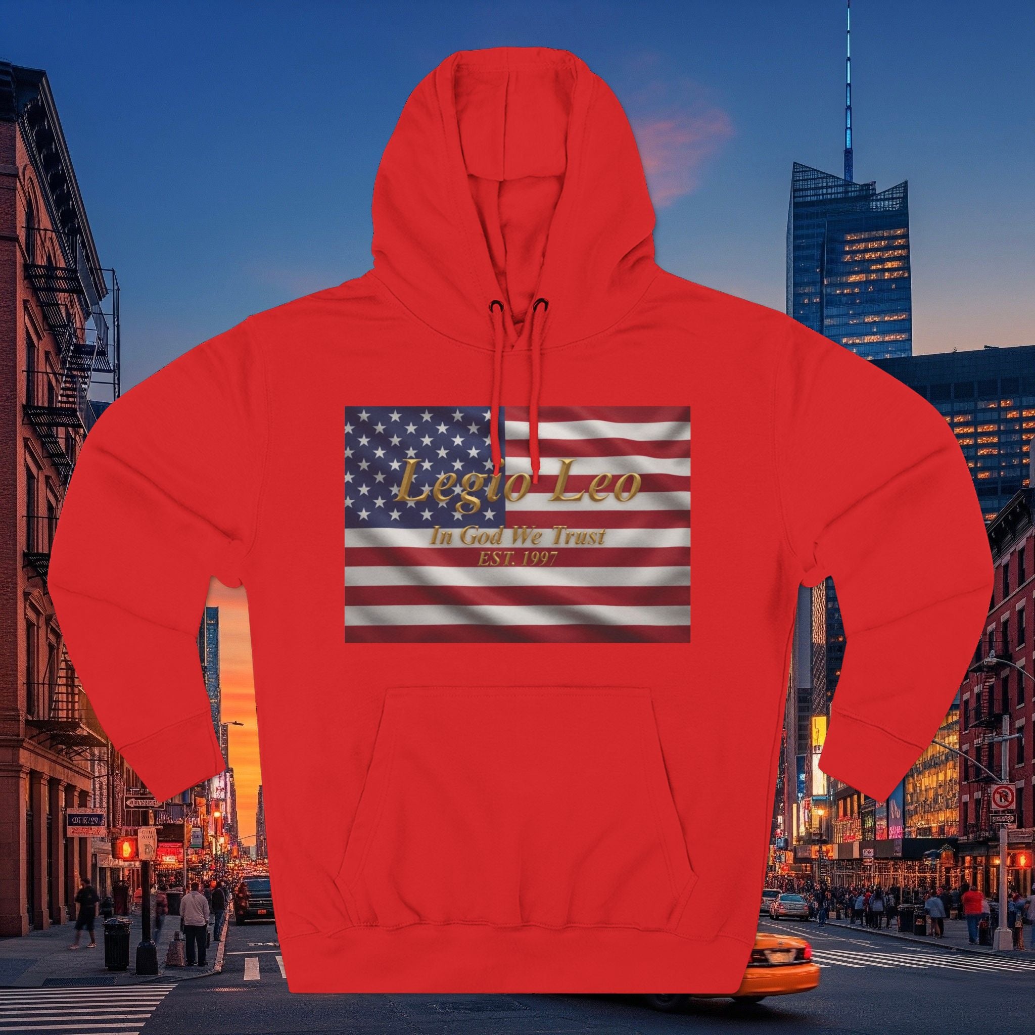 Legio Leo American Flag Fleece Hoodie – Minimal Gold Script Pullover