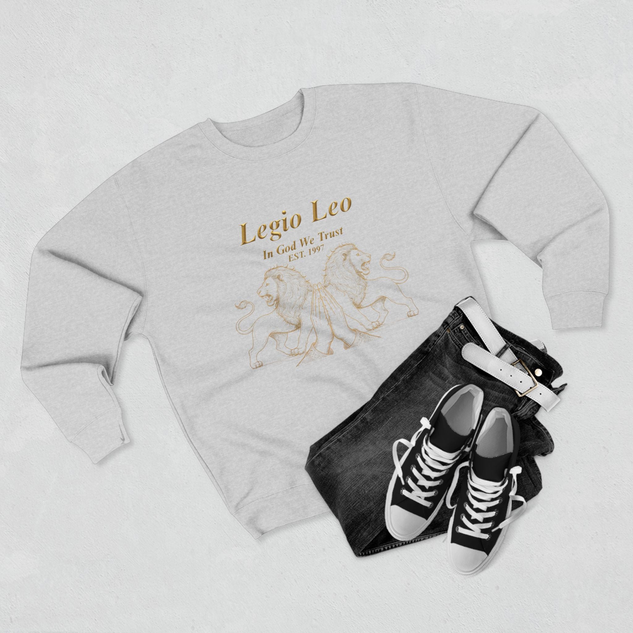 Legio Leo Crewneck Sweatshirt — Classic Latin Crest “In God We Trust” Graphic