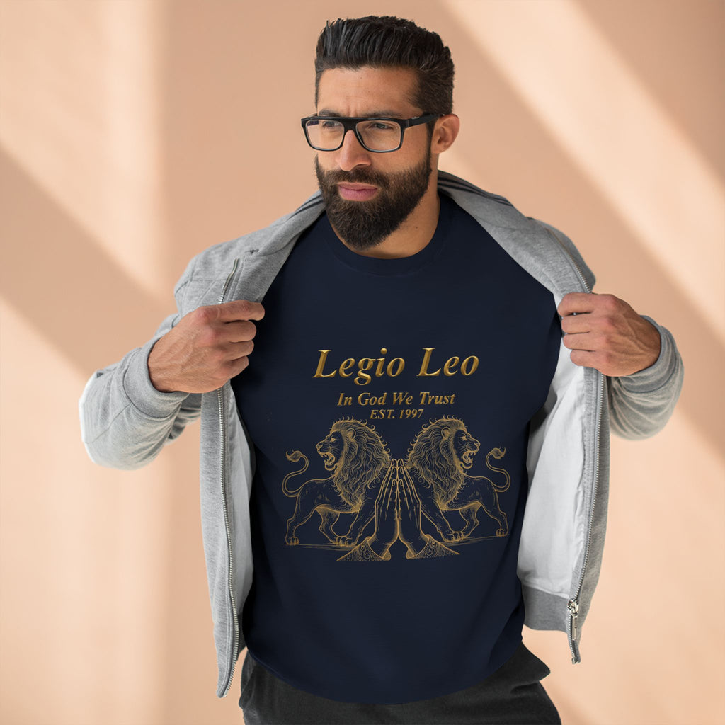 Legio Leo Crewneck Sweatshirt — Classic Latin Crest “In God We Trust” Graphic