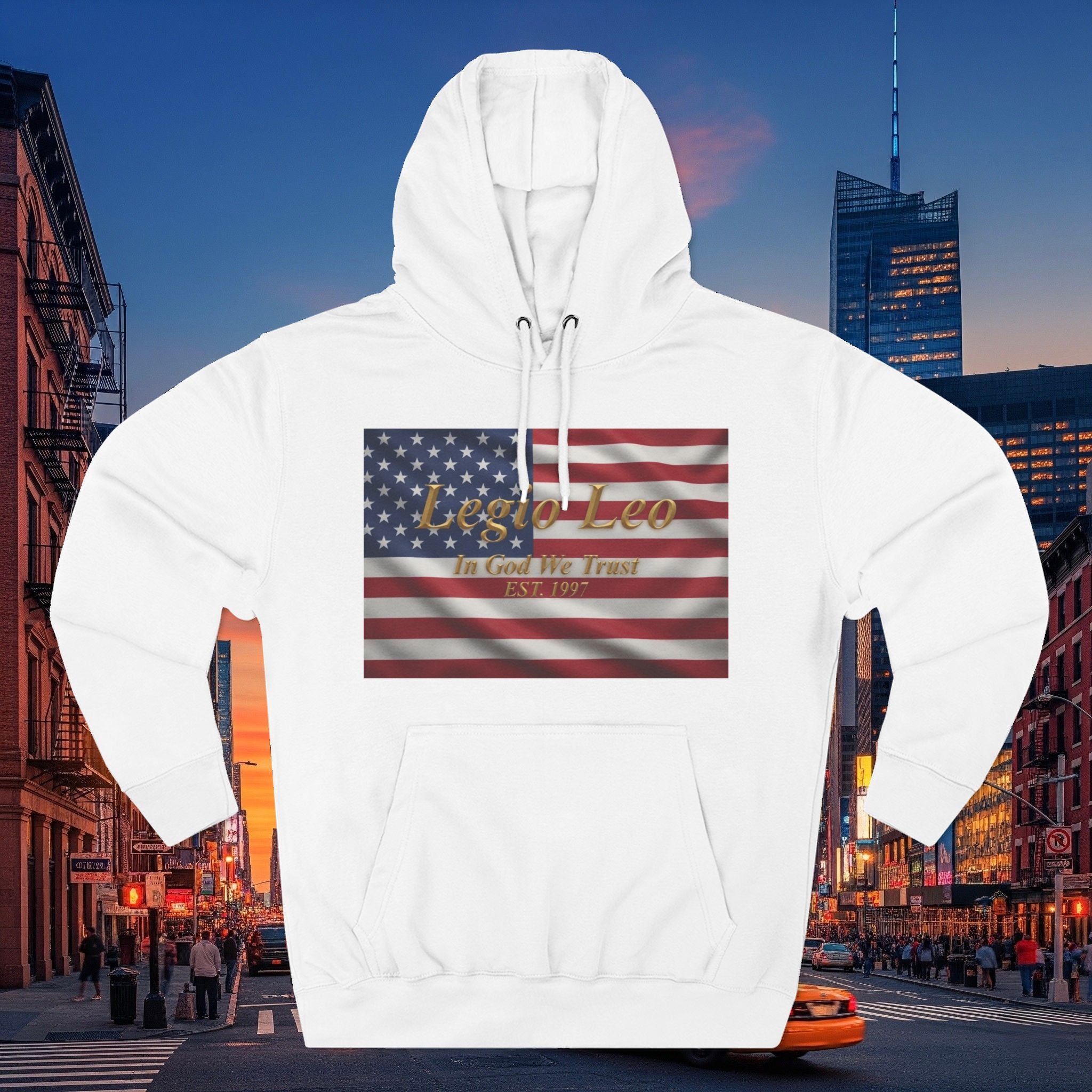 Legio Leo American Flag Fleece Hoodie – Minimal Gold Script Pullover