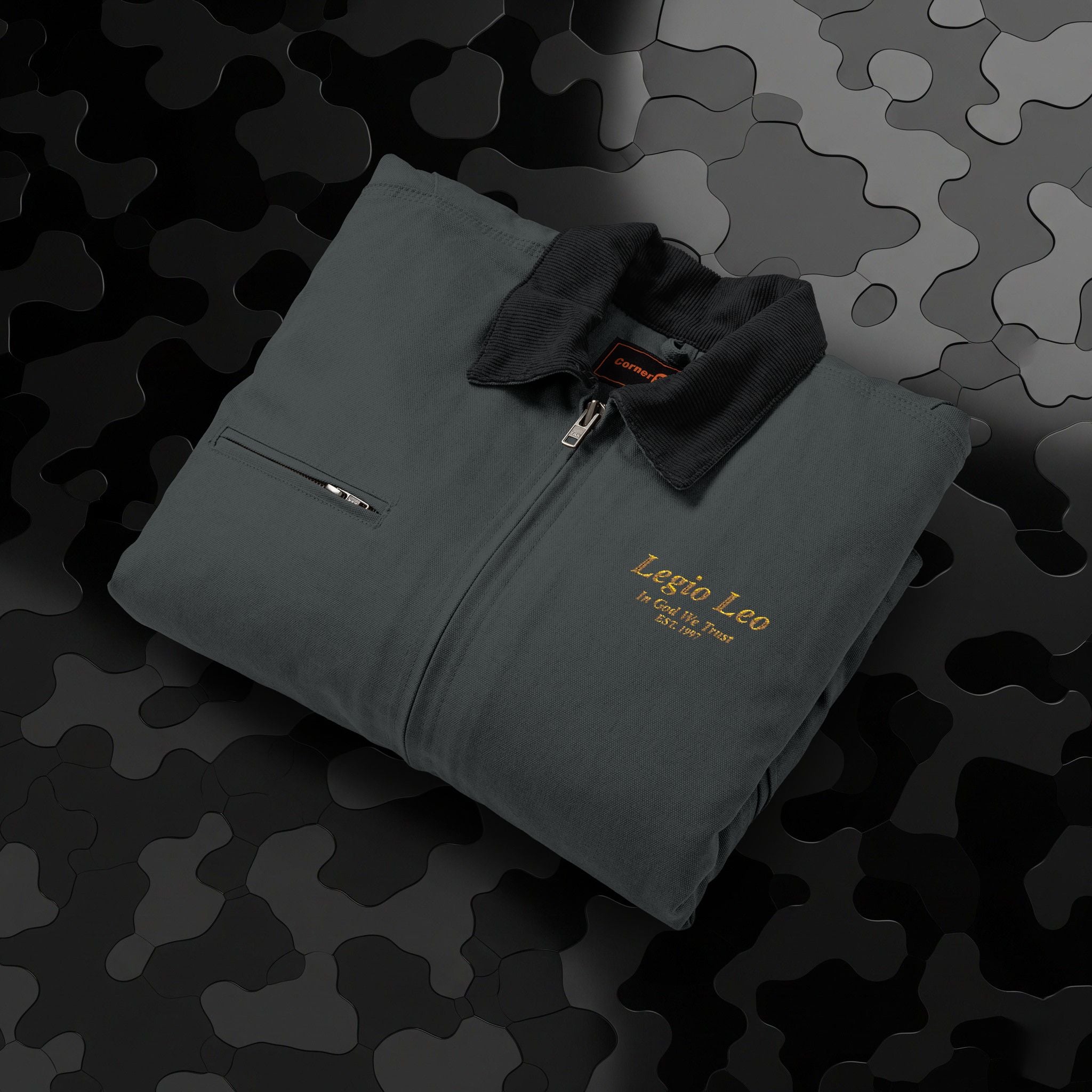Legio Leo Duck Cloth Work Jacket — Durable Black Canvas Utility Coat | In God We Trust Embroidery
