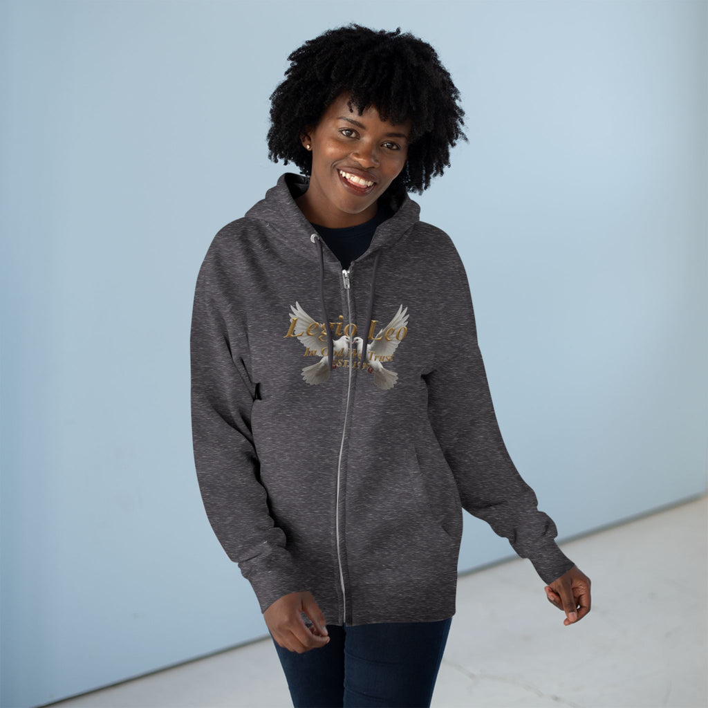 Leo Zodiac Zip Hoodie — 'Legio Leo— In God We Trust' Script with White Doves Design