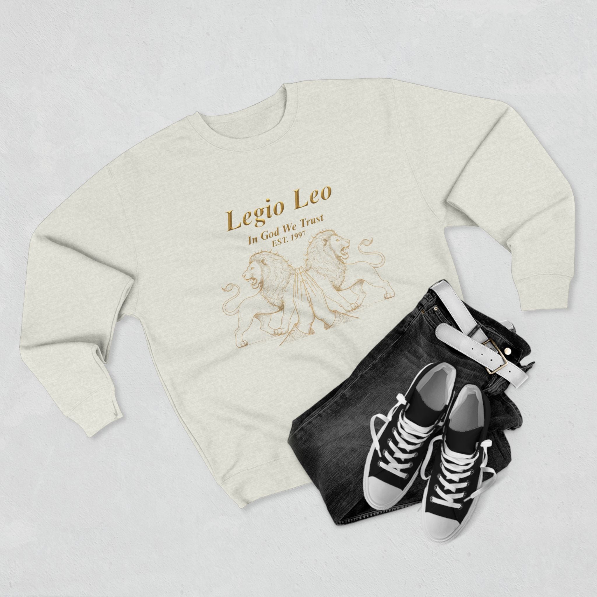 Legio Leo Crewneck Sweatshirt — Classic Latin Crest “In God We Trust” Graphic