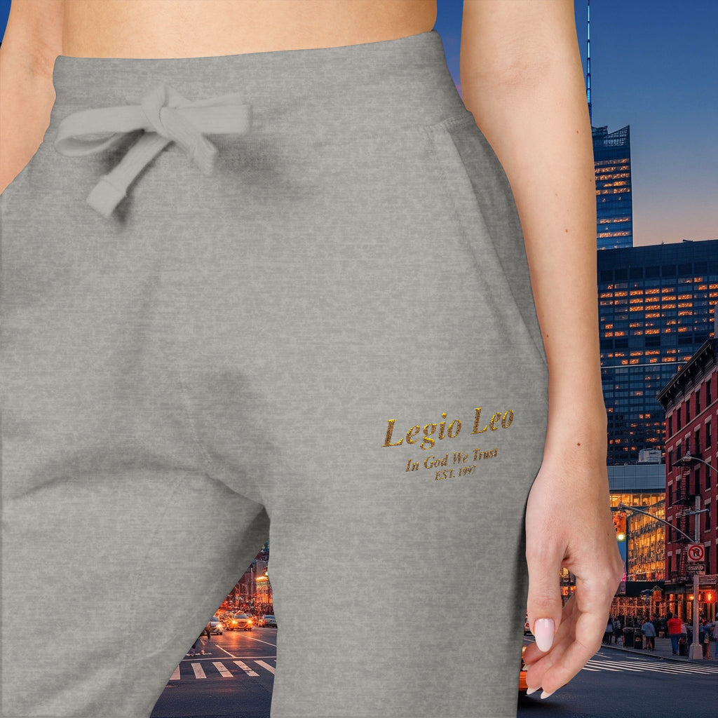 Legio Leo Sweatpants — In God We Trust Embroidery Design Cozy Fleece Joggers
