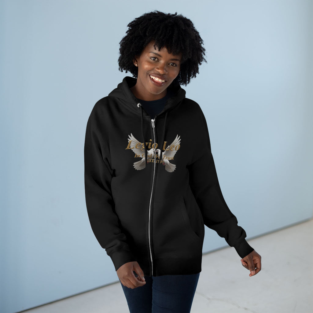 Leo Zodiac Zip Hoodie — 'Legio Leo— In God We Trust' Script with White Doves Design