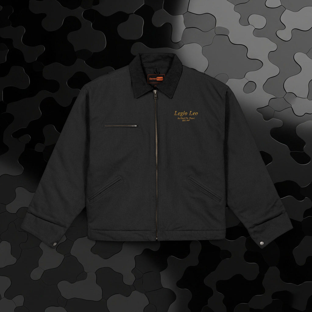 Legio Leo Duck Cloth Work Jacket — Durable Black Canvas Utility Coat | In God We Trust Embroidery