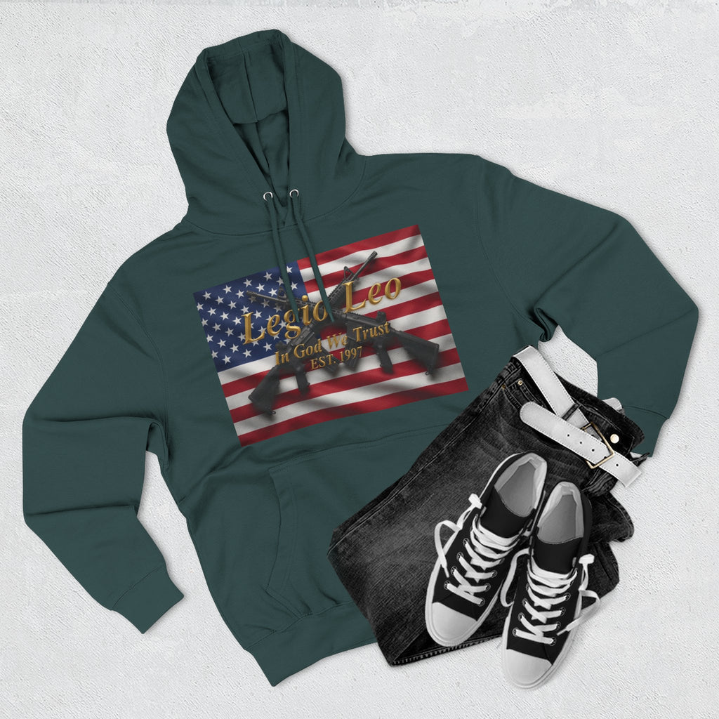 Legio Leo American Flag Fleece Hoodie – Minimal Gold Script Pullover Warrior Design