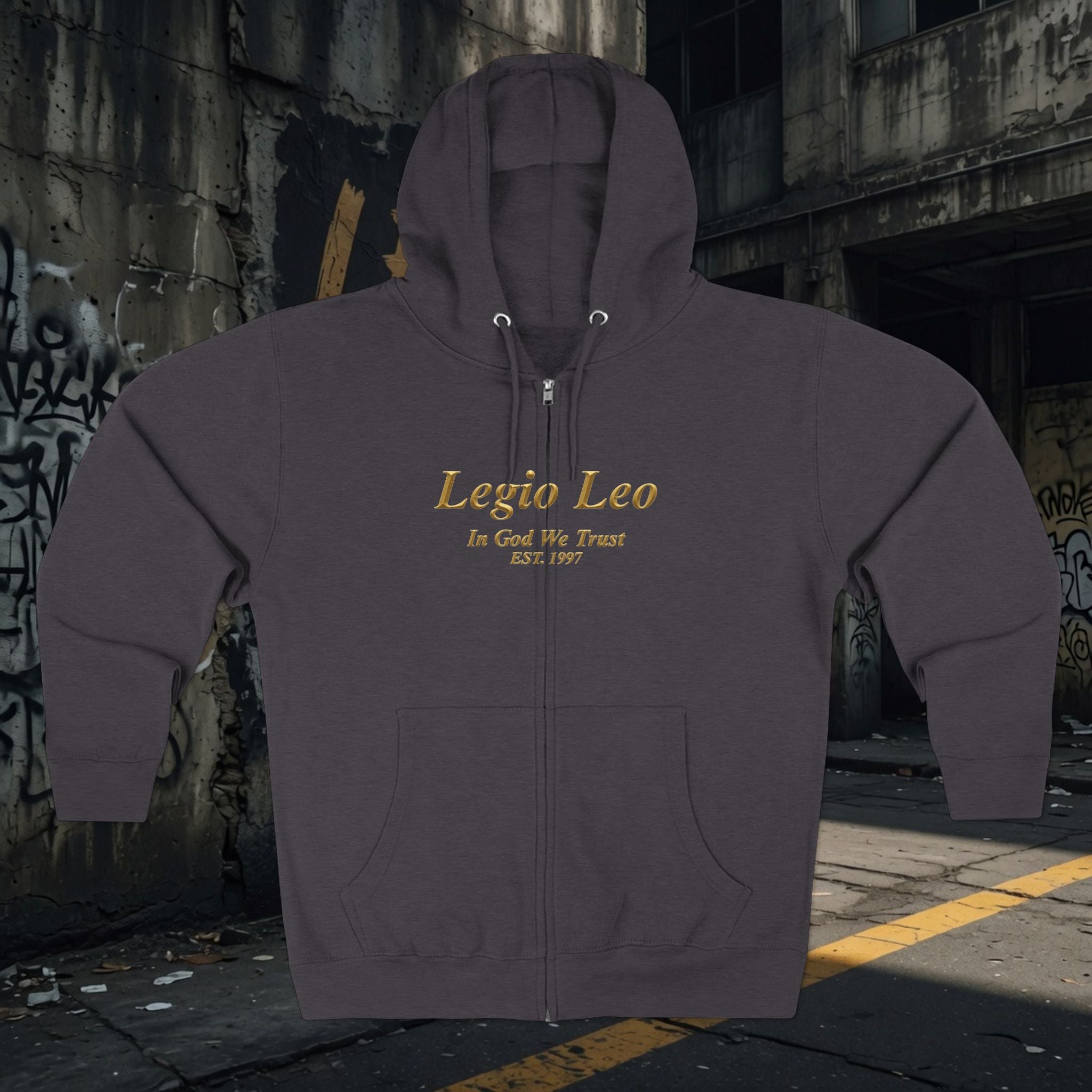 Zip Hoodie — Legio Leo Lion & Skull Graphic Zip-Up with “In God We Trust” Text
