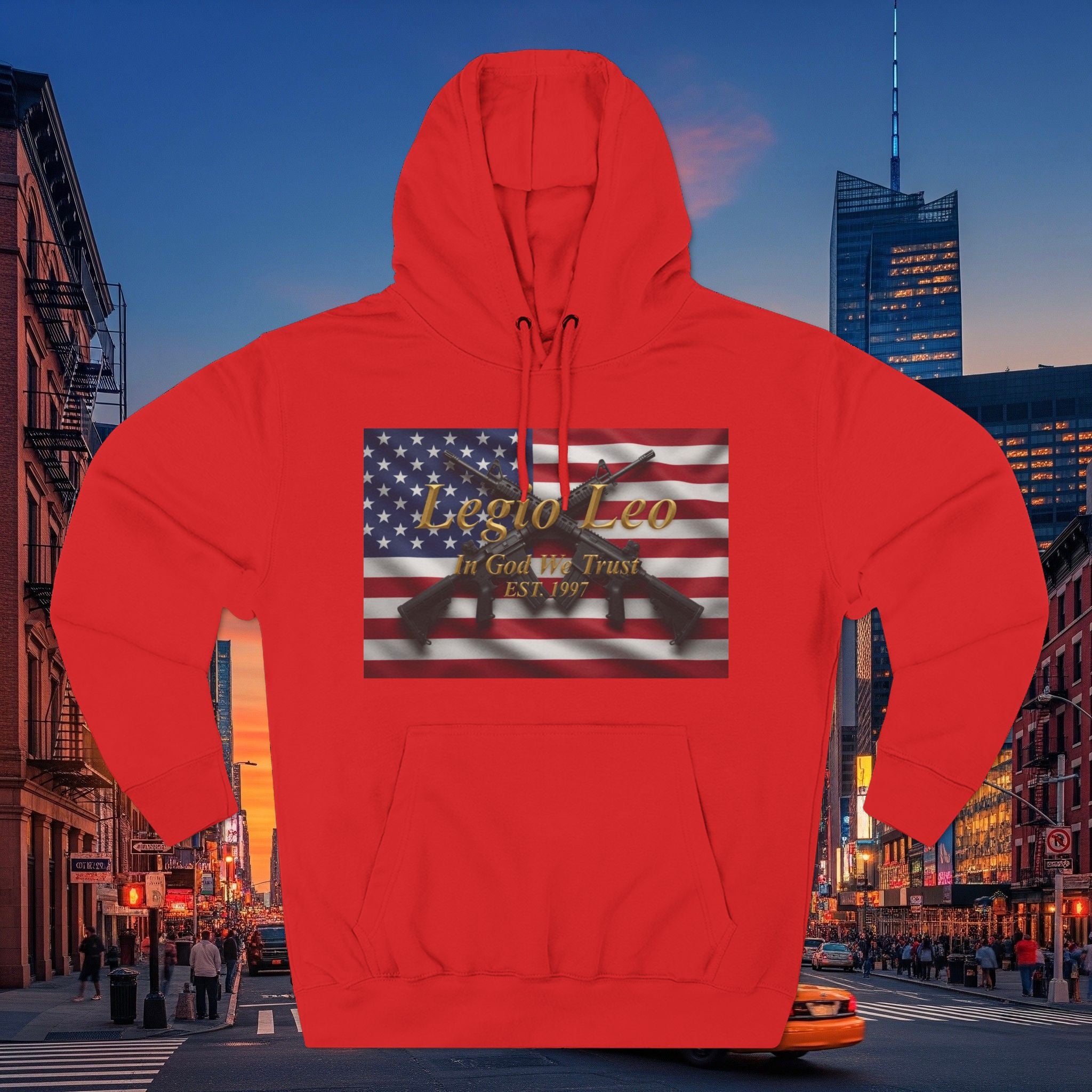 Legio Leo American Flag Fleece Hoodie – Minimal Gold Script Pullover Warrior Design