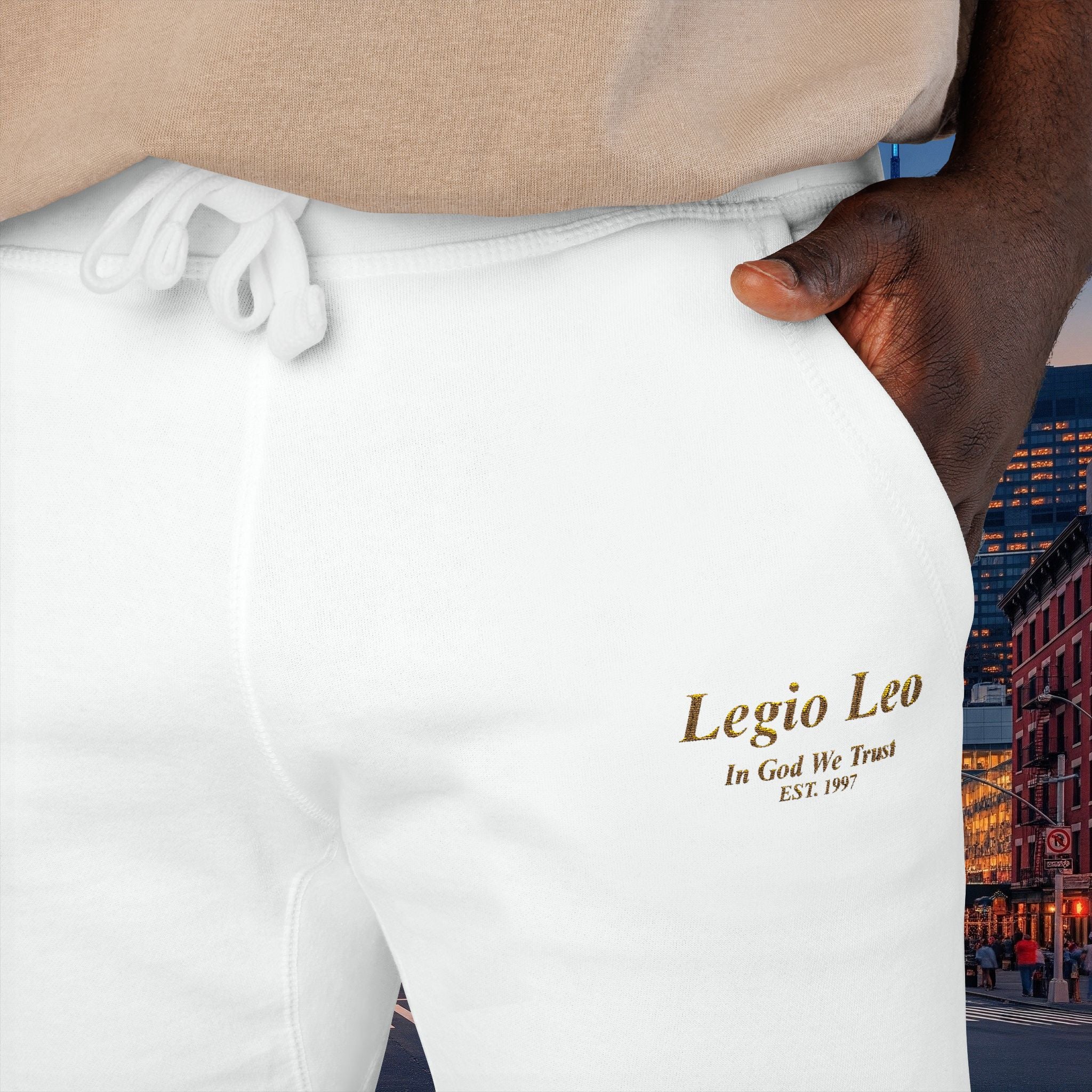 Legio Leo Sweatpants — In God We Trust Embroidery Design Cozy Fleece Joggers