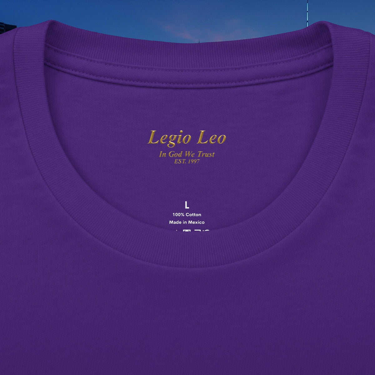 Legio Leo Vertical Logo Tee — "In God We Trust" Cotton Crew