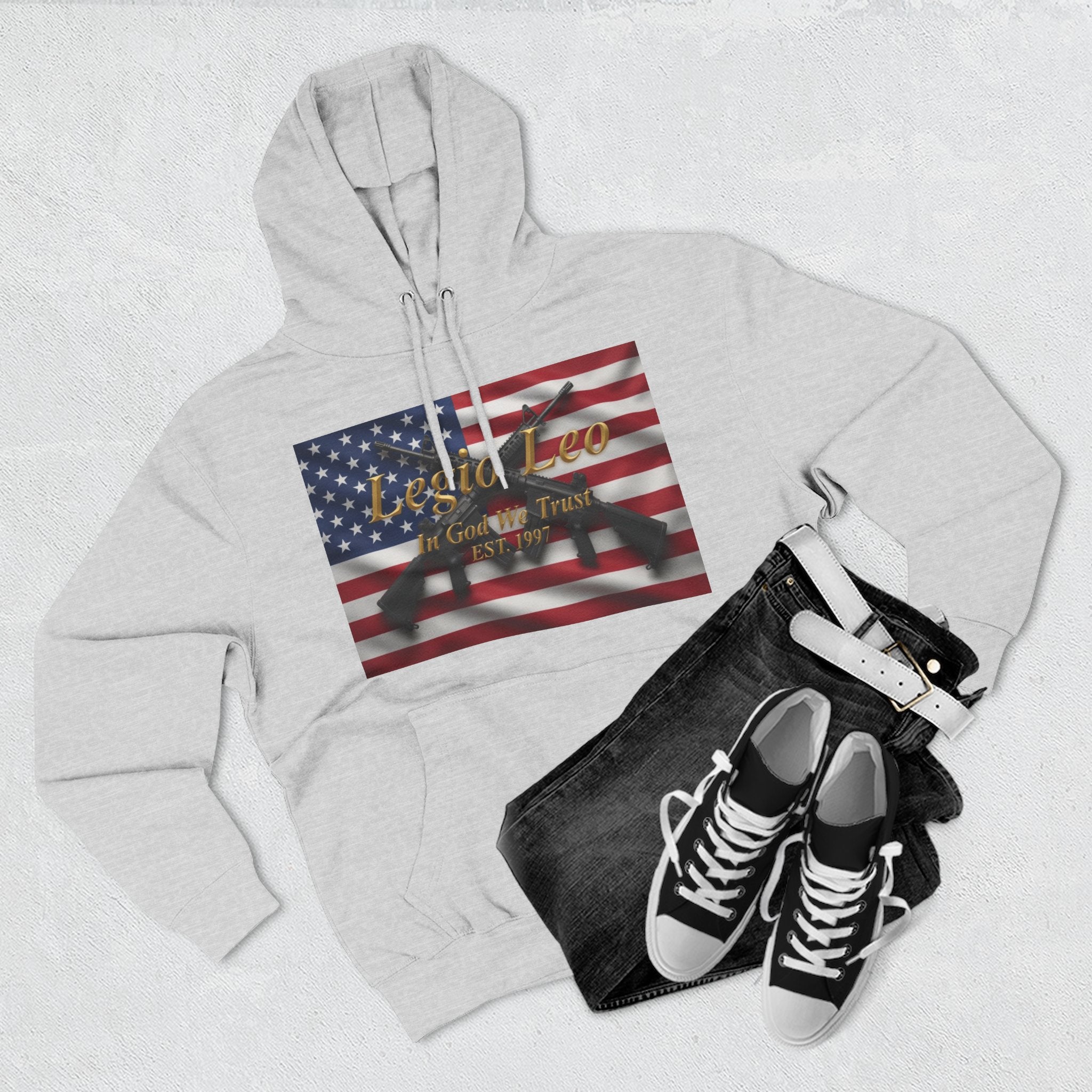 Legio Leo American Flag Fleece Hoodie – Minimal Gold Script Pullover Warrior Design