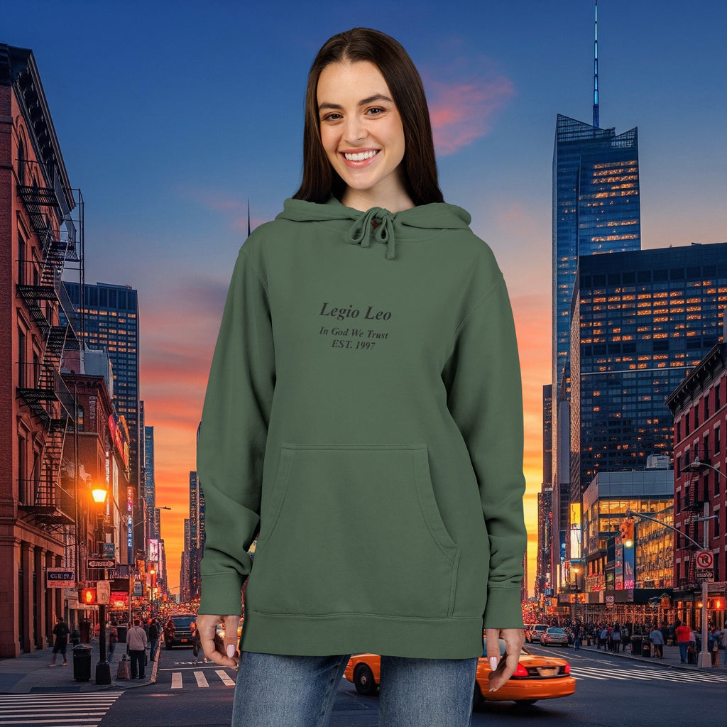Minimal Olive Pigment-Dyed Hoodie — Subtle Script "Legio Leo" Design