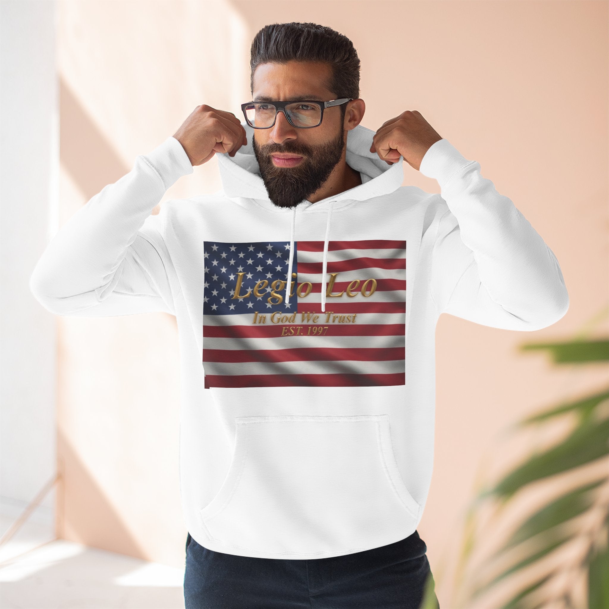 Legio Leo American Flag Fleece Hoodie – Minimal Gold Script Pullover