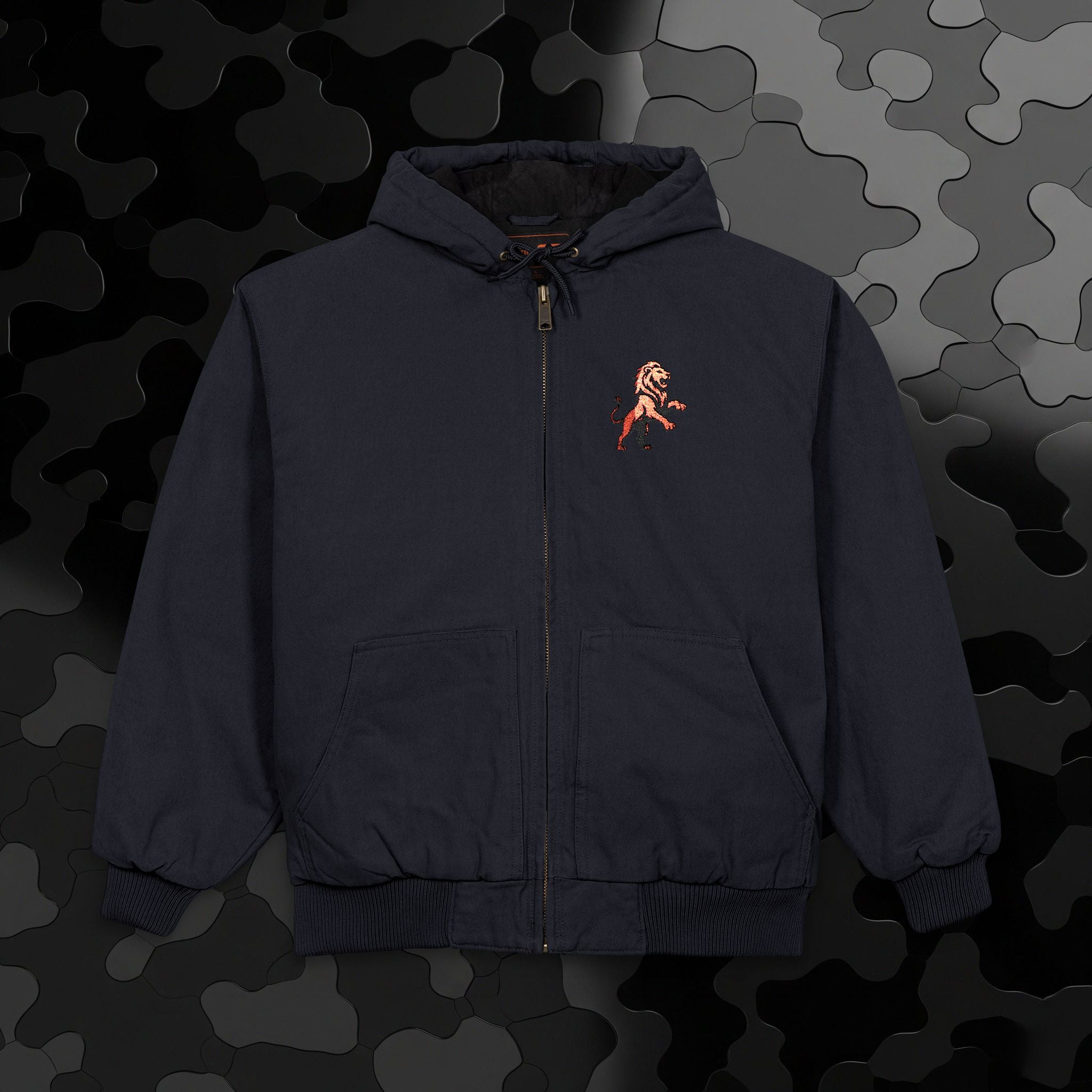 Work Jacket — Embroidered Lion Emblem Hooded Duck Cloth Jacket