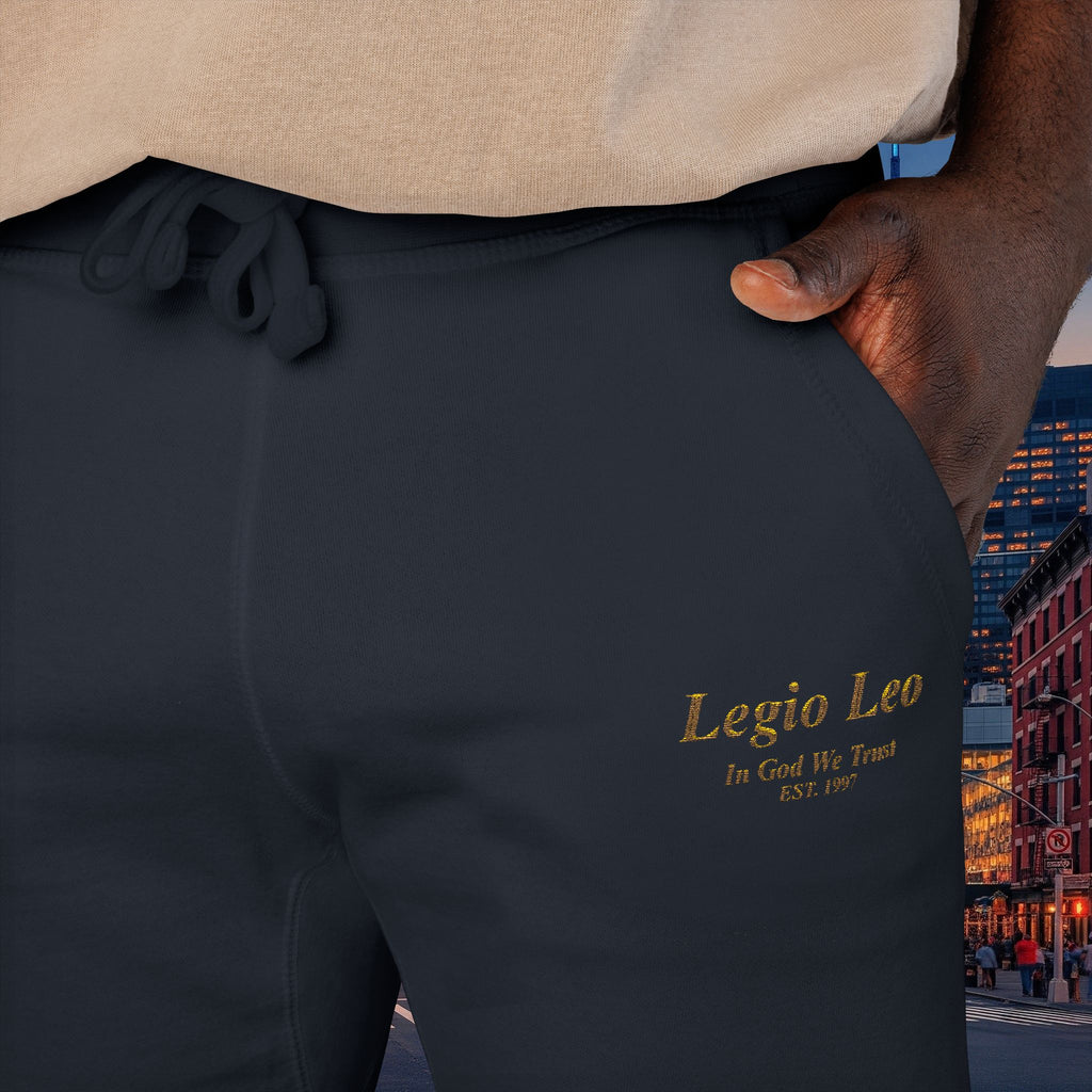 Legio Leo Sweatpants — In God We Trust Embroidery Design Cozy Fleece Joggers